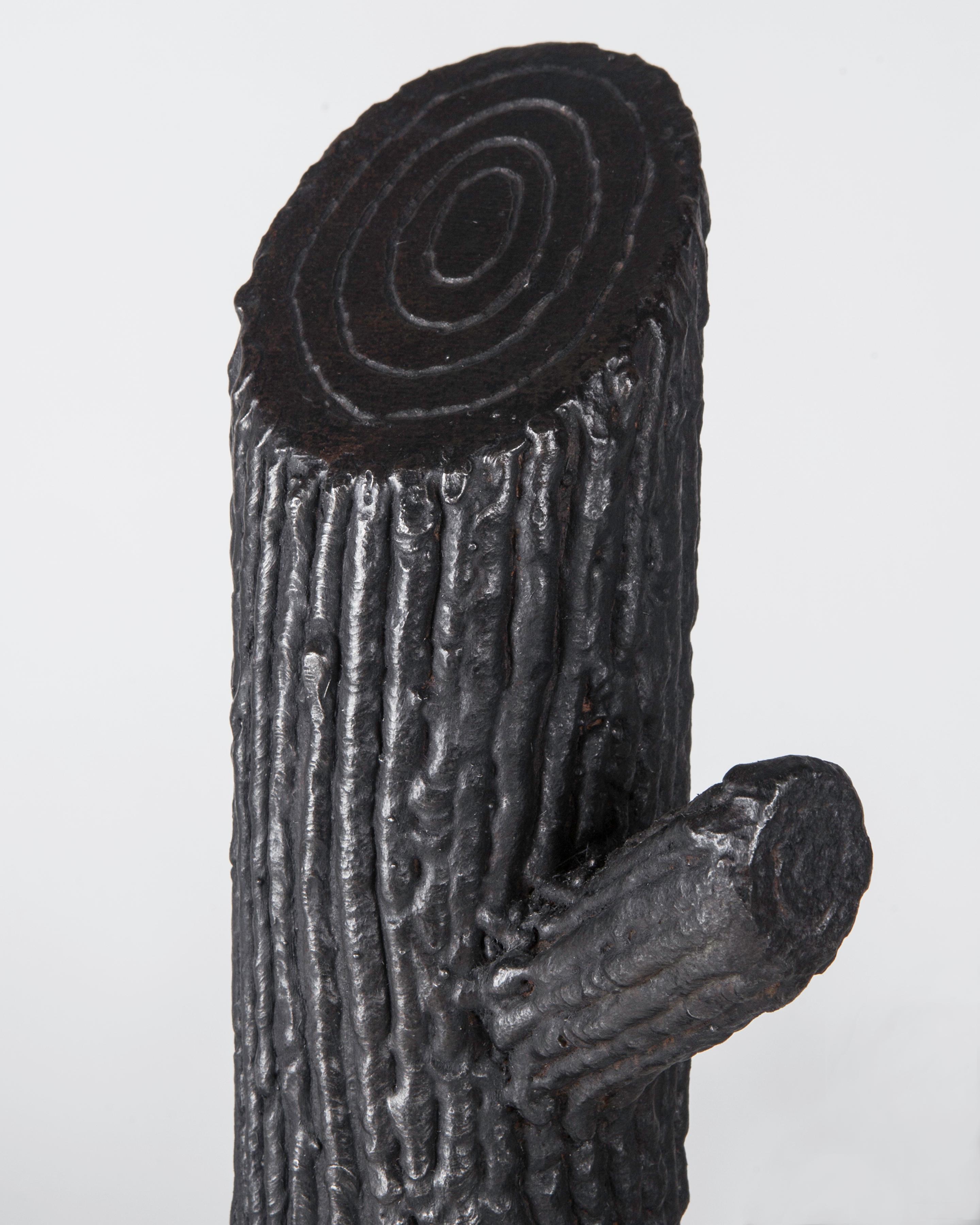 Patinated Vintage Blackened Steel Tree Trunk Log Andirons, circa 1950 For Sale