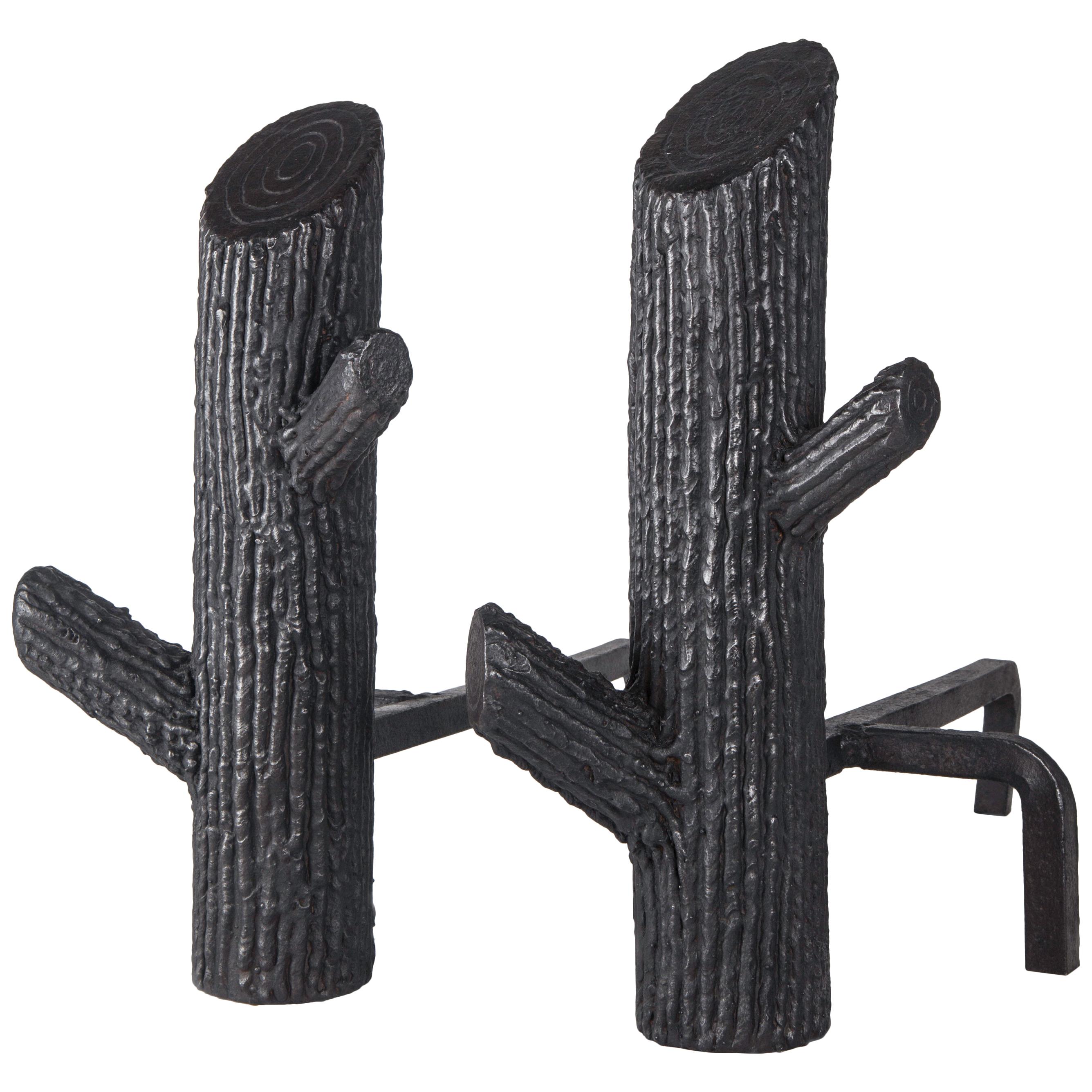 Vintage Blackened Steel Tree Trunk Log Andirons, circa 1950