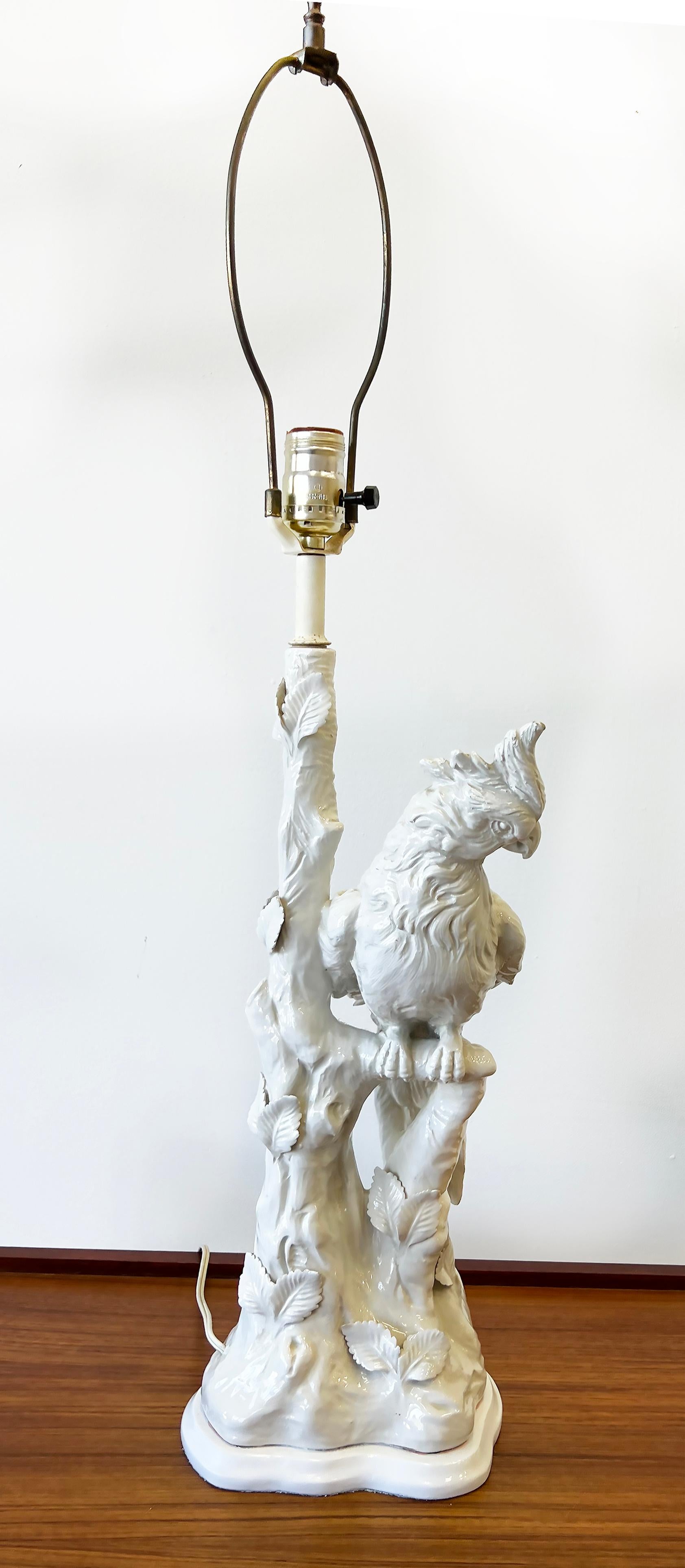 Glazed Vintage Blanc De Chine Cockatiel Parrot Bird Ceramic Lamps, Pair with Shades