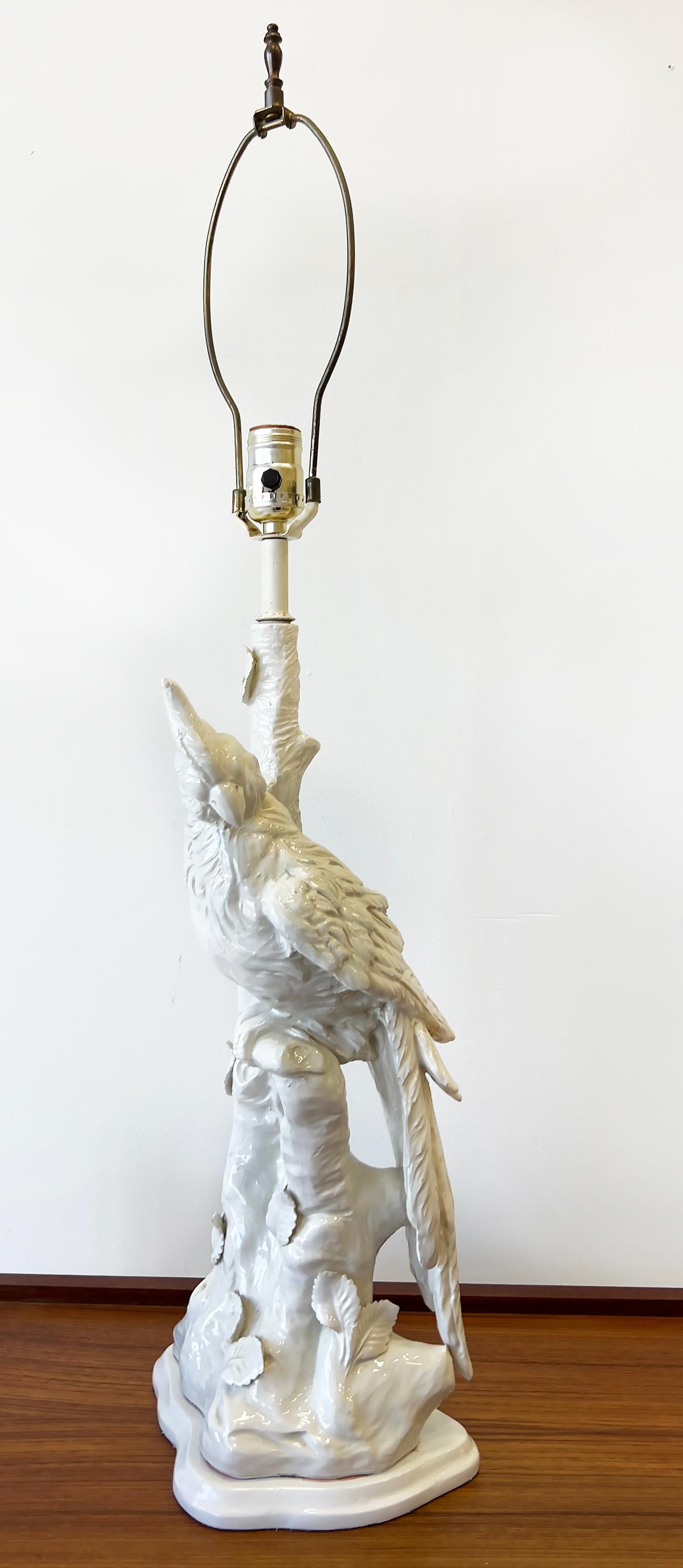 Vintage Blanc De Chine Cockatiel Parrot Bird Ceramic Lamps, Pair with Shades In Good Condition In Miami, FL