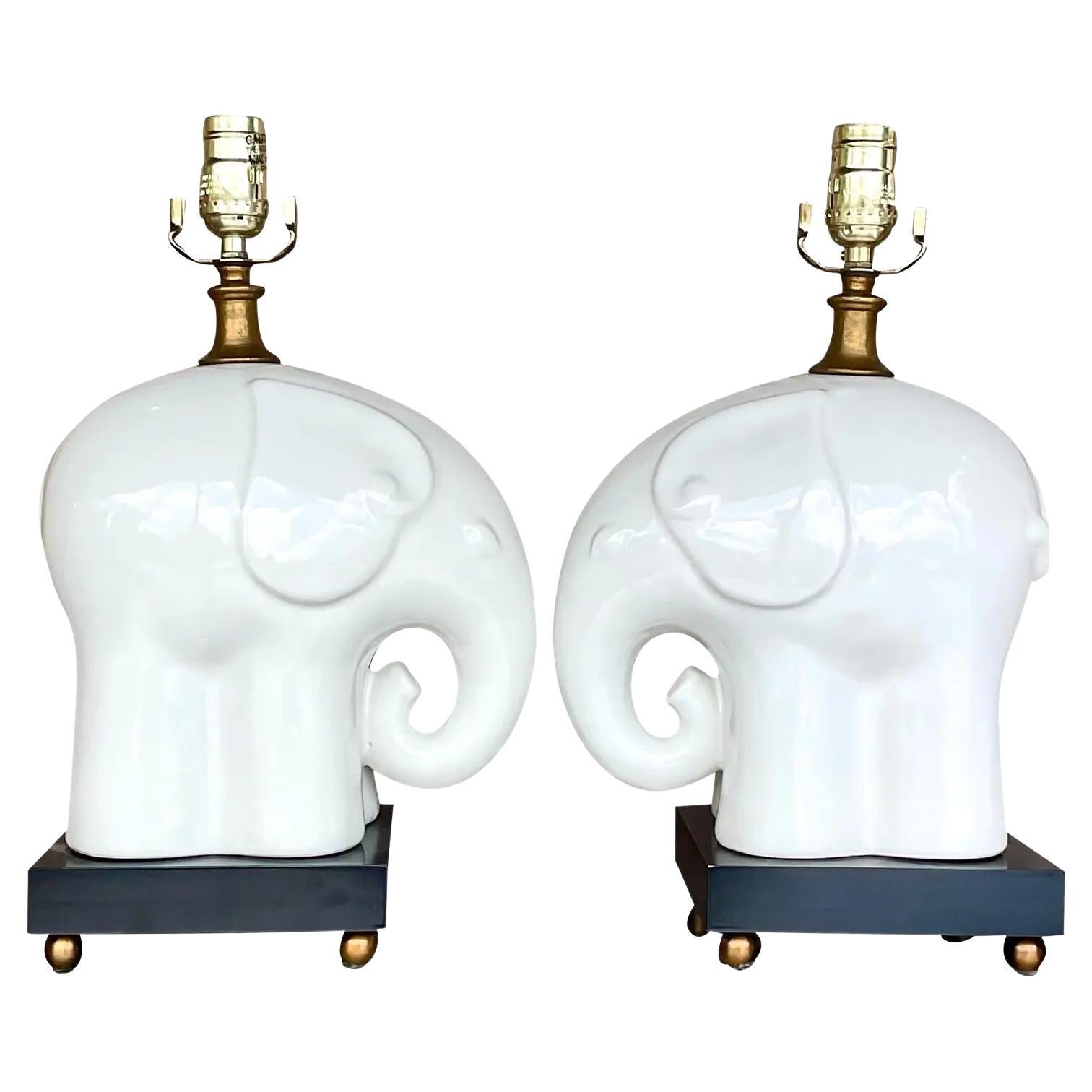 Vintage Blanc De Chine Glazed Ceramic Elephant Lamps - a Pair