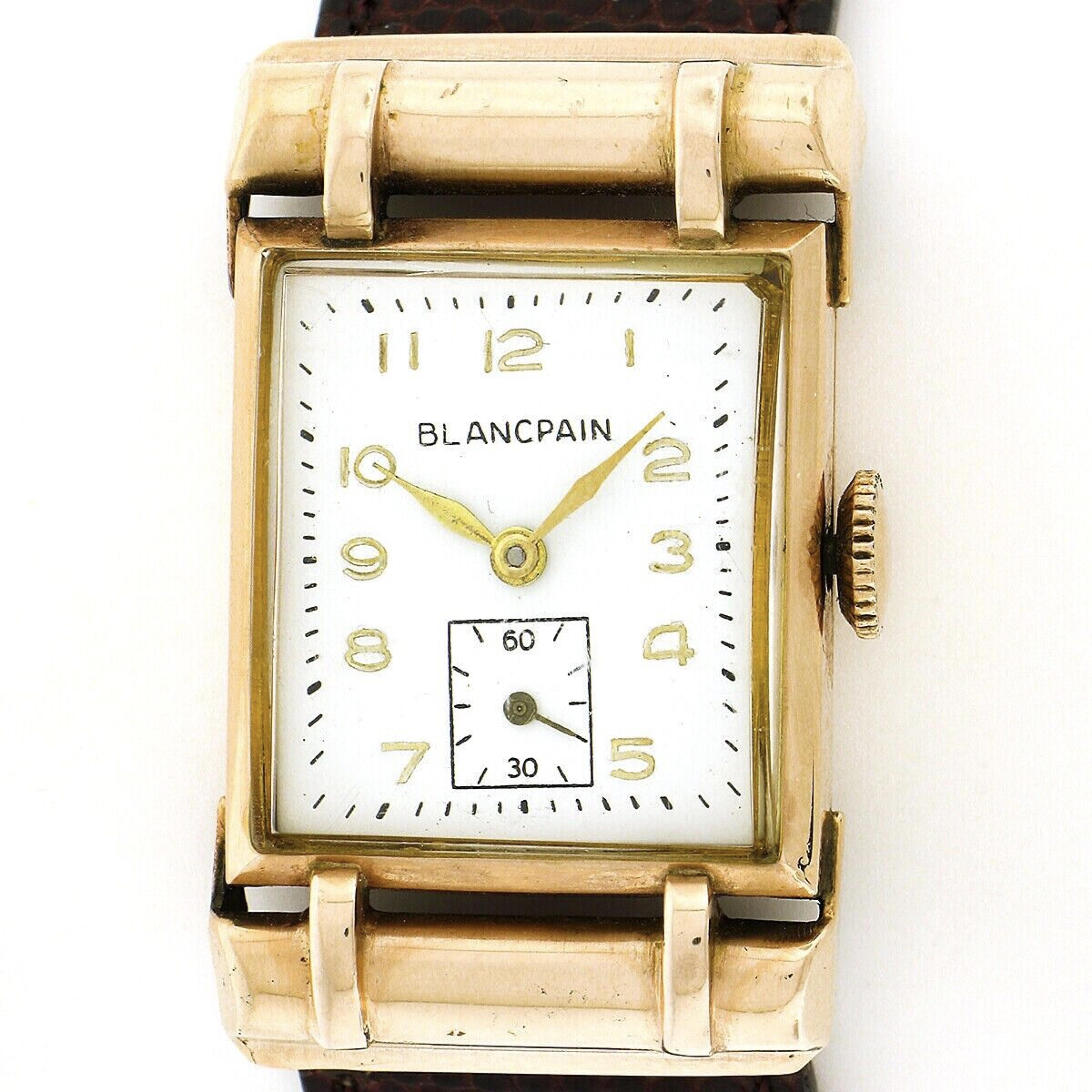 Blancpain Montre-bracelet mécanique rectangulaire vintage en or rose 14 carats avec cadran, 17j Bon état à Montclair, NJ