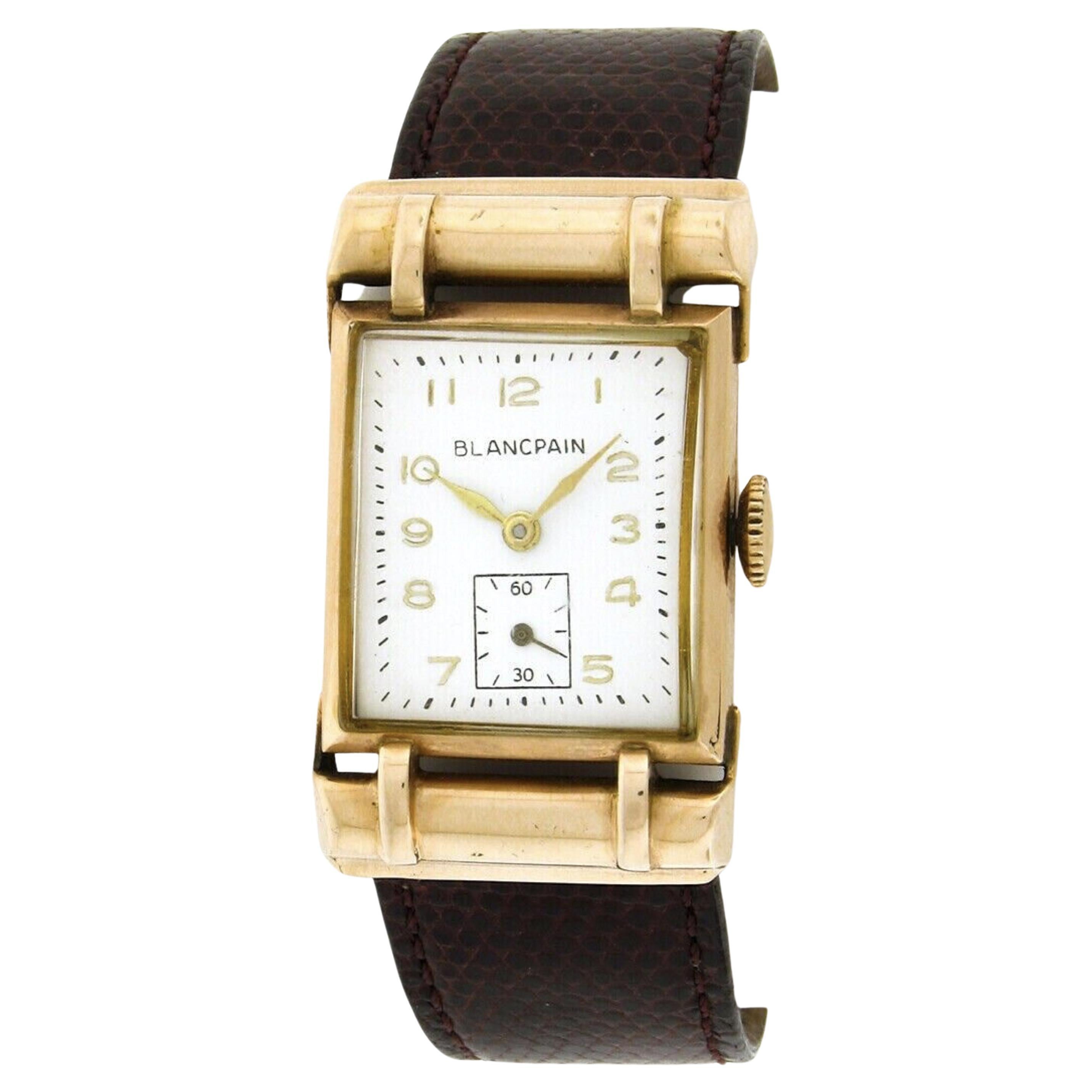 Blancpain Montre-bracelet mécanique rectangulaire vintage en or rose 14 carats avec cadran, 17j