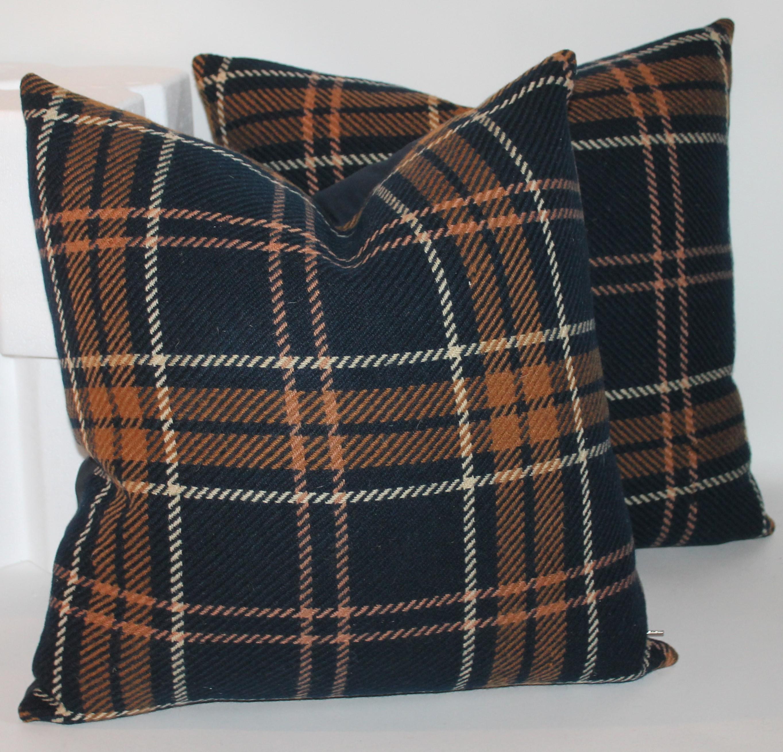 Vintage blanket pillows in blue and brown. Also grey, red and blue blanket pillows in pairs.