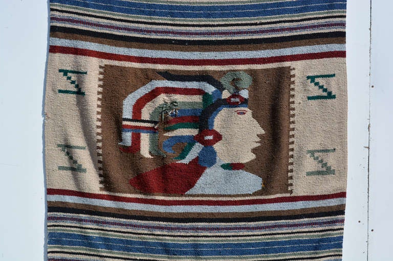 For your consideration: Vintage Bohemian Indian blanket, wall tapestry decoration.
Vibrant colors of brown and blue
Measures: 45 W x 75 L x 1 inches
Original fair vintage unrestored condition. Some distress.
Refer to images.
 