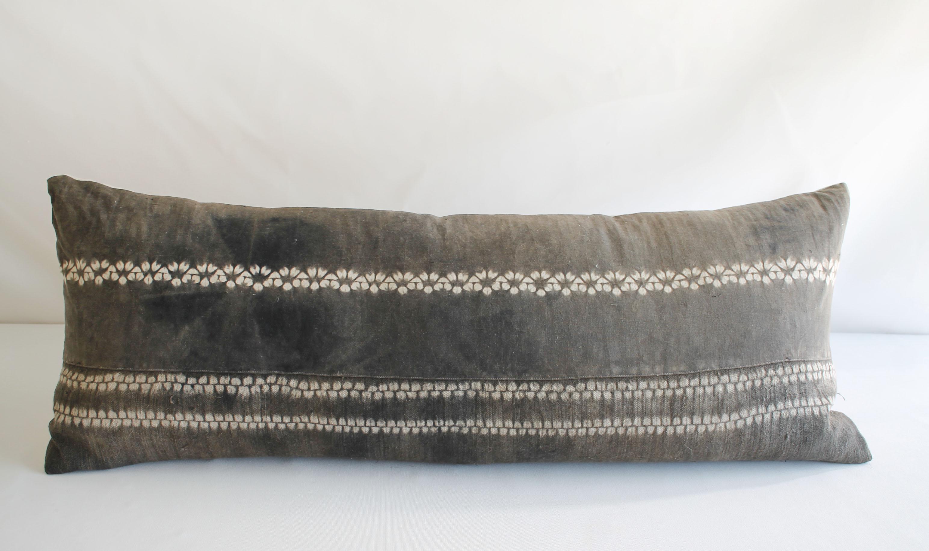 Vintage Bleached Batik textile lumbar pillow beautiful faded brown batik with light natural linen colored pattern dots horizontally across the face. The backside is a natural Belgian linen, with hidden zipper closure. Custom size insert is