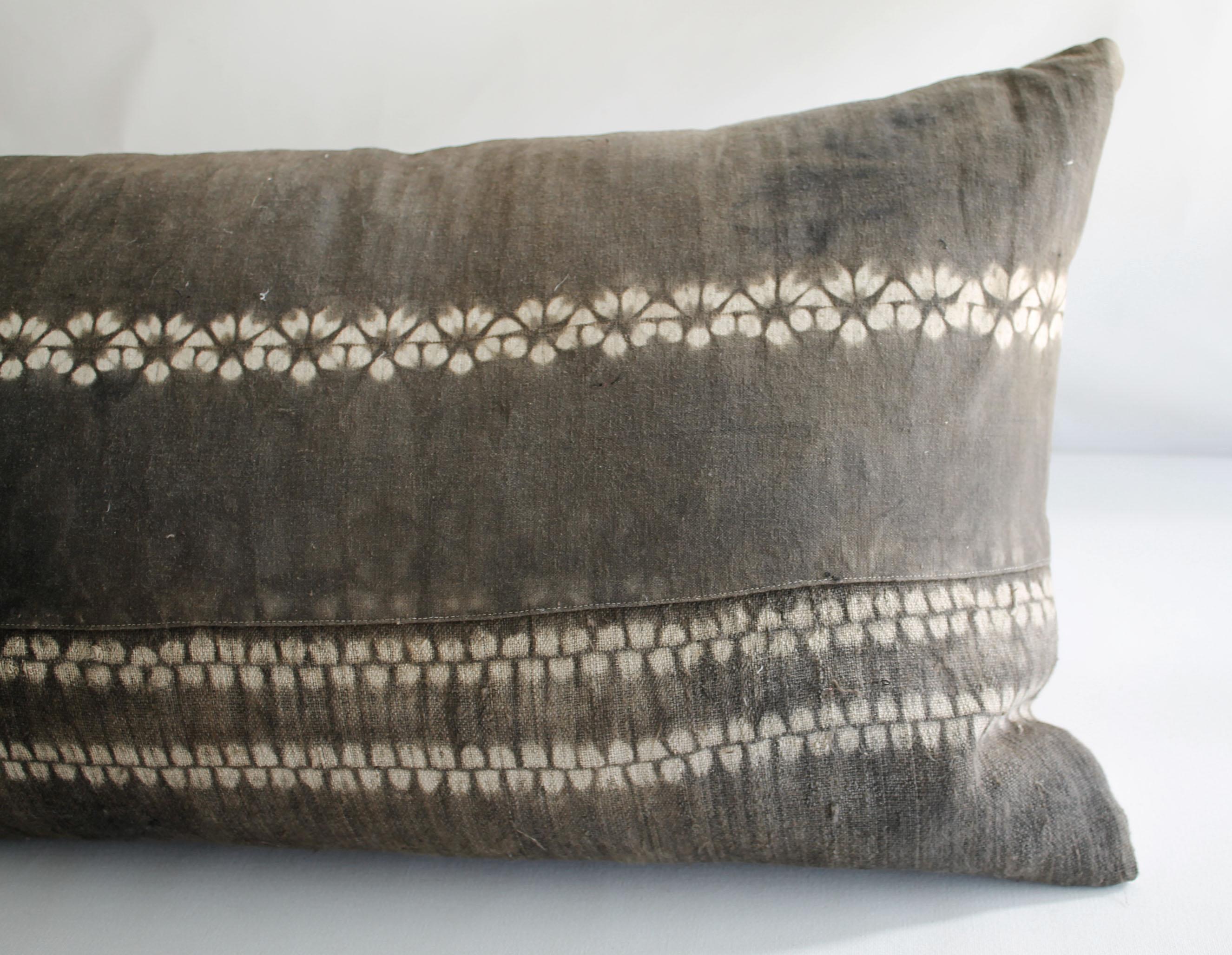 20th Century Vintage Bleached Batik Textile Lumbar Pillow