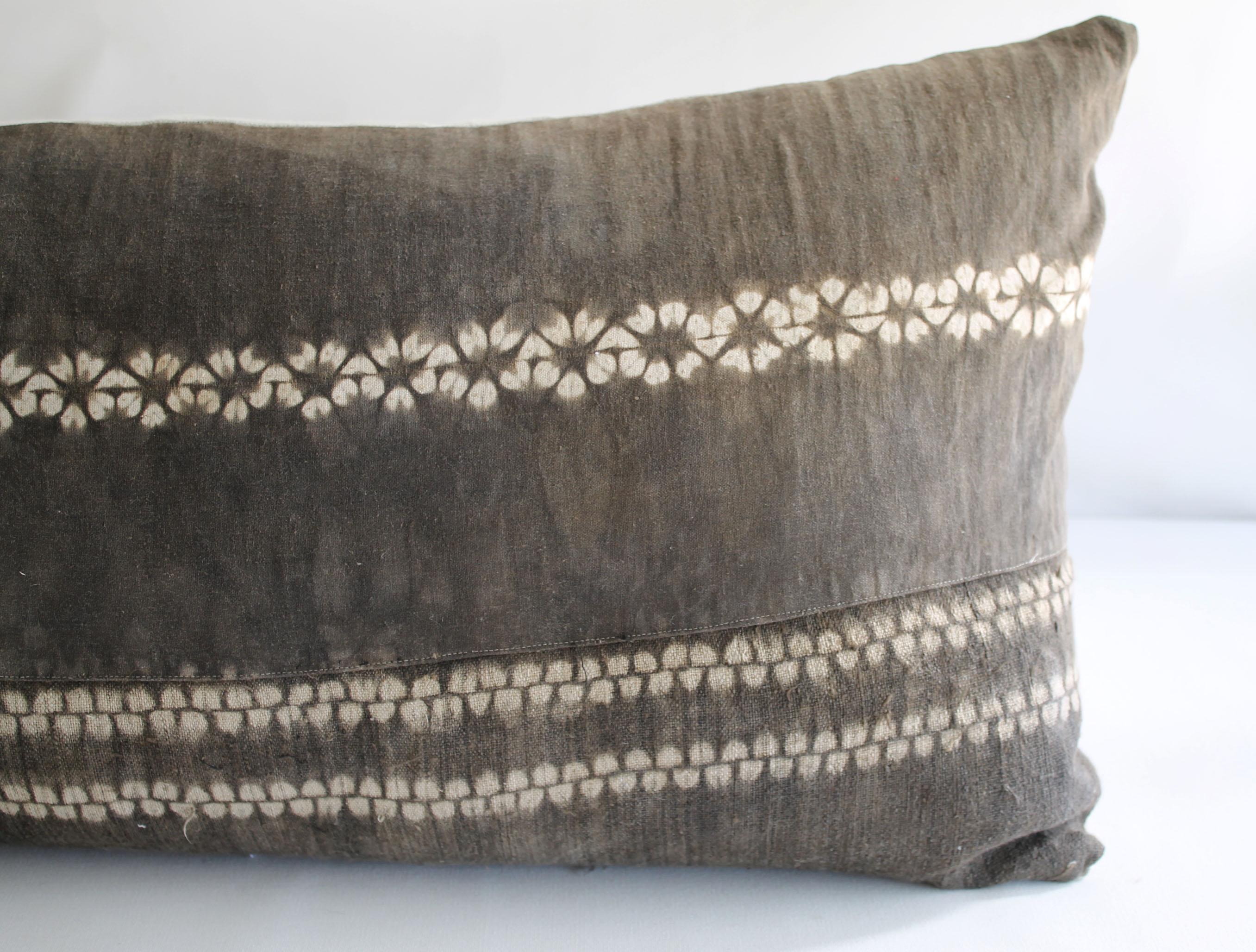 Vintage Bleached Batik textile lumbar pillow Beautiful faded brown batik with light natural linen colored pattern dots horizontally across the face. The backside is a natural Belgian linen, with hidden zipper closure. Custom size insert is