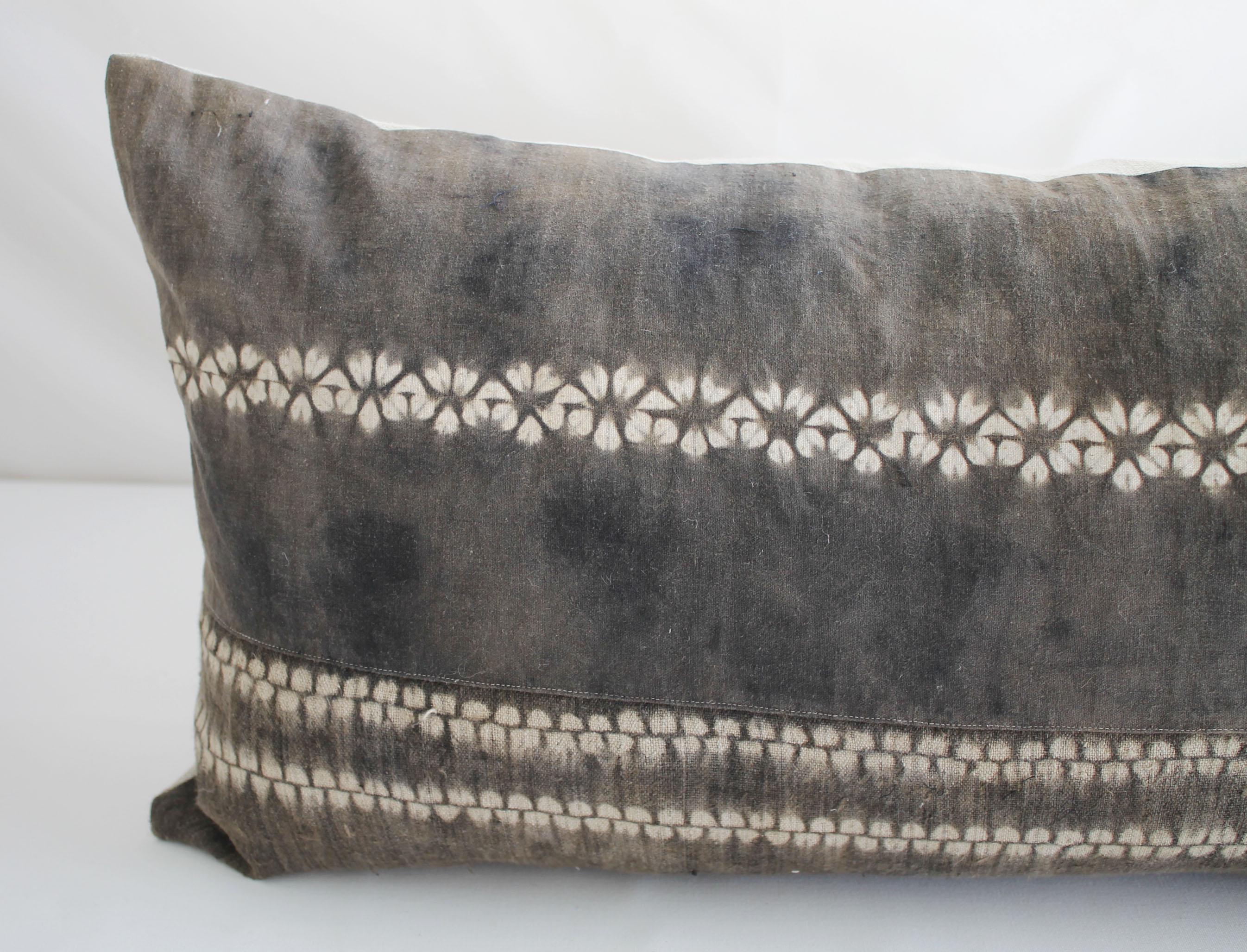 Vintage Bleached Brown Batik Textile Lumbar Pillow In Good Condition In Brea, CA