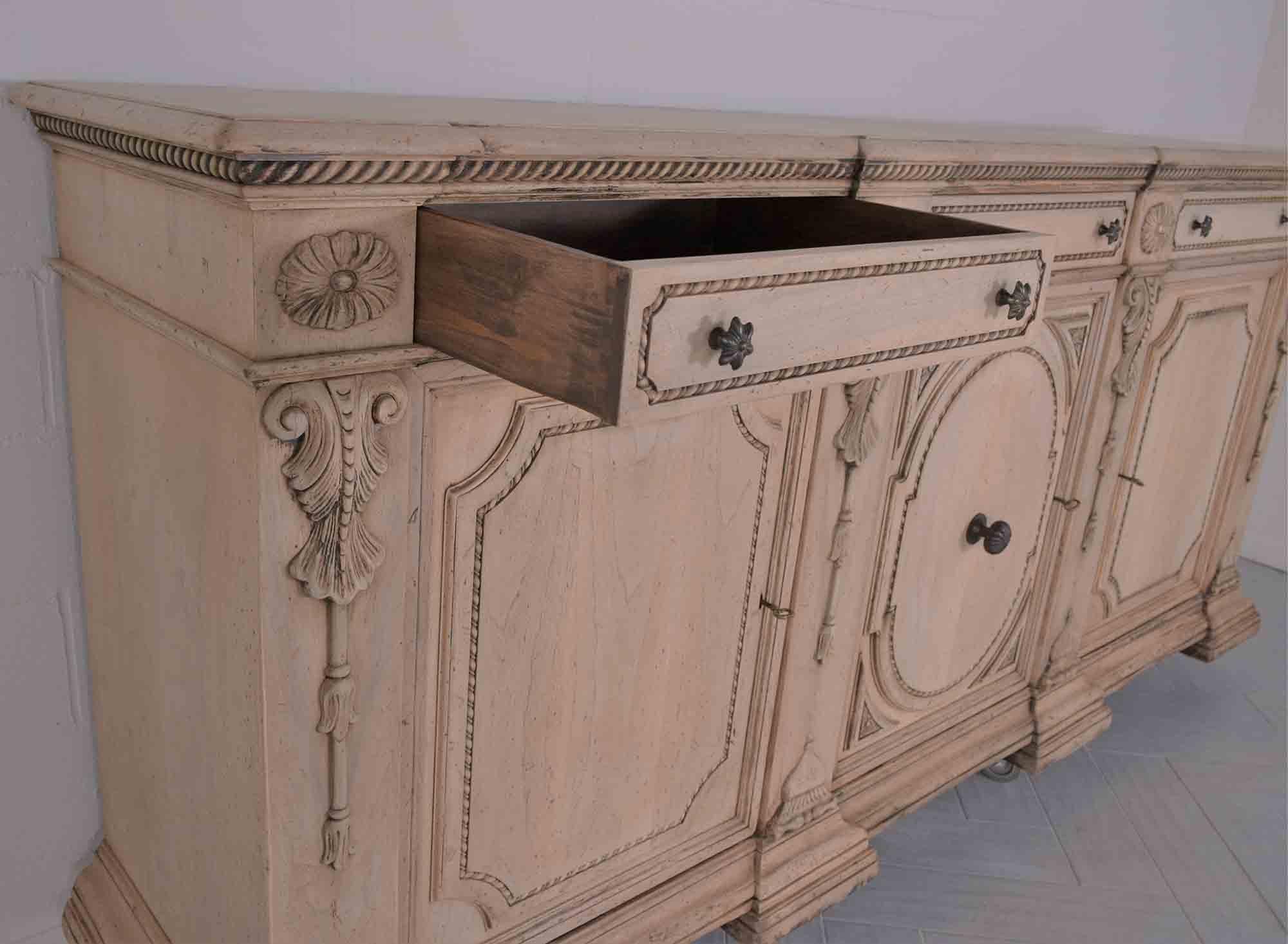 Restored 1970 Vintage Bleached Walnut Buffet with Carved Details & Ample Storage 2