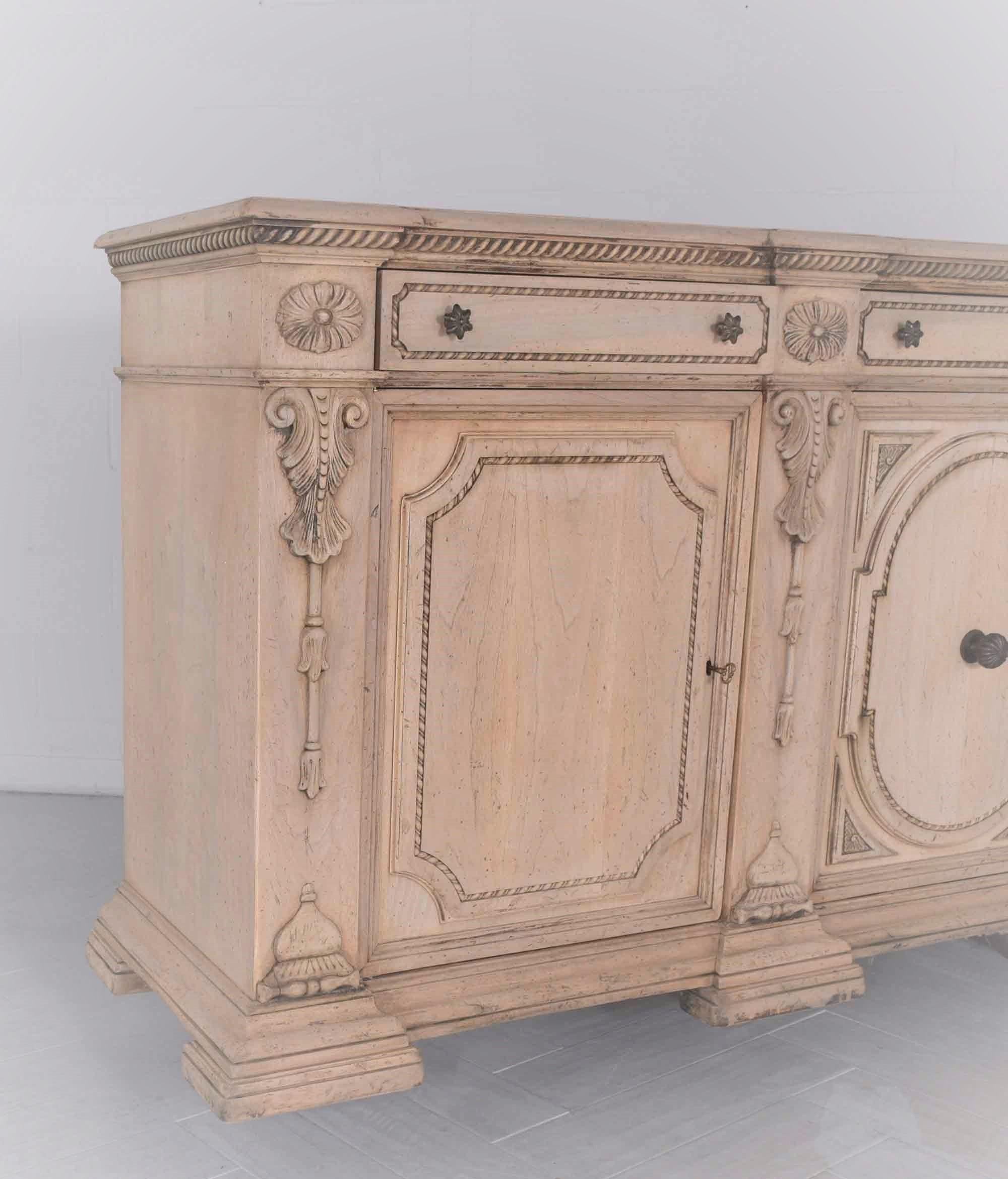 Restored 1970 Vintage Bleached Walnut Buffet with Carved Details & Ample Storage 1