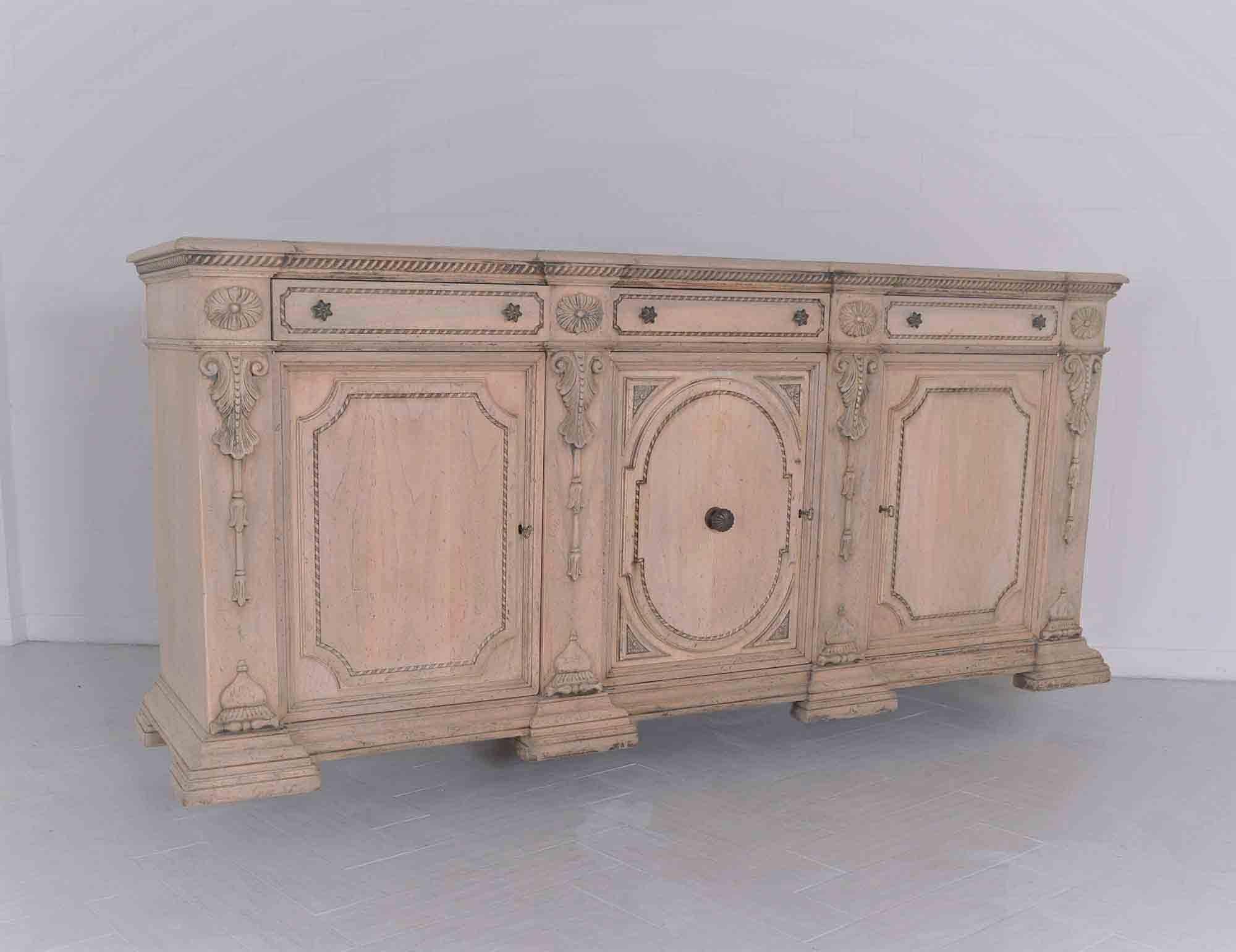 Iron Restored 1970 Vintage Bleached Walnut Buffet with Carved Details & Ample Storage