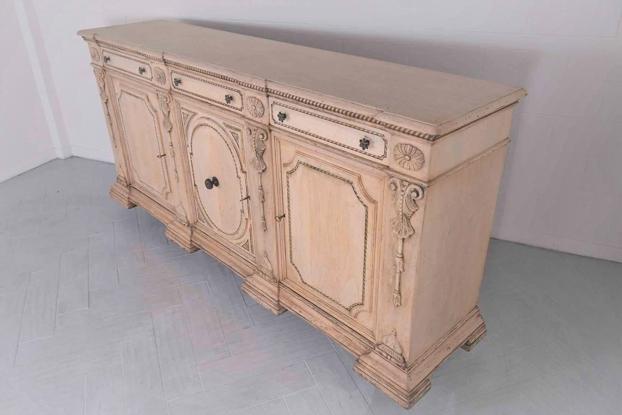 Restored 1970 Vintage Bleached Walnut Buffet with Carved Details & Ample Storage 3