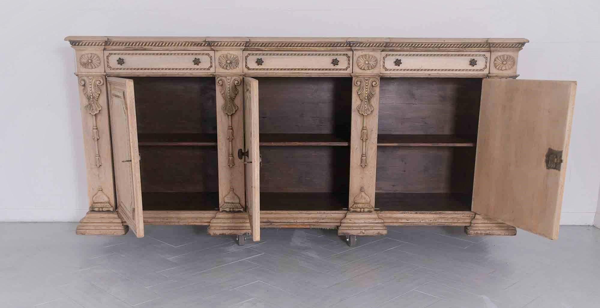 Restored 1970 Vintage Bleached Walnut Buffet with Carved Details & Ample Storage In Good Condition In Los Angeles, CA