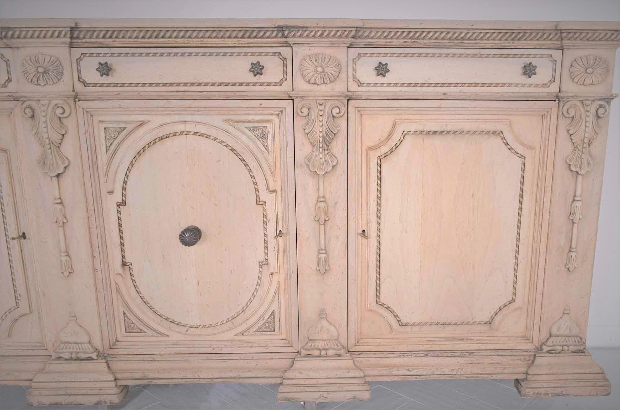 Spanish Colonial Restored 1970 Vintage Bleached Walnut Buffet with Carved Details & Ample Storage
