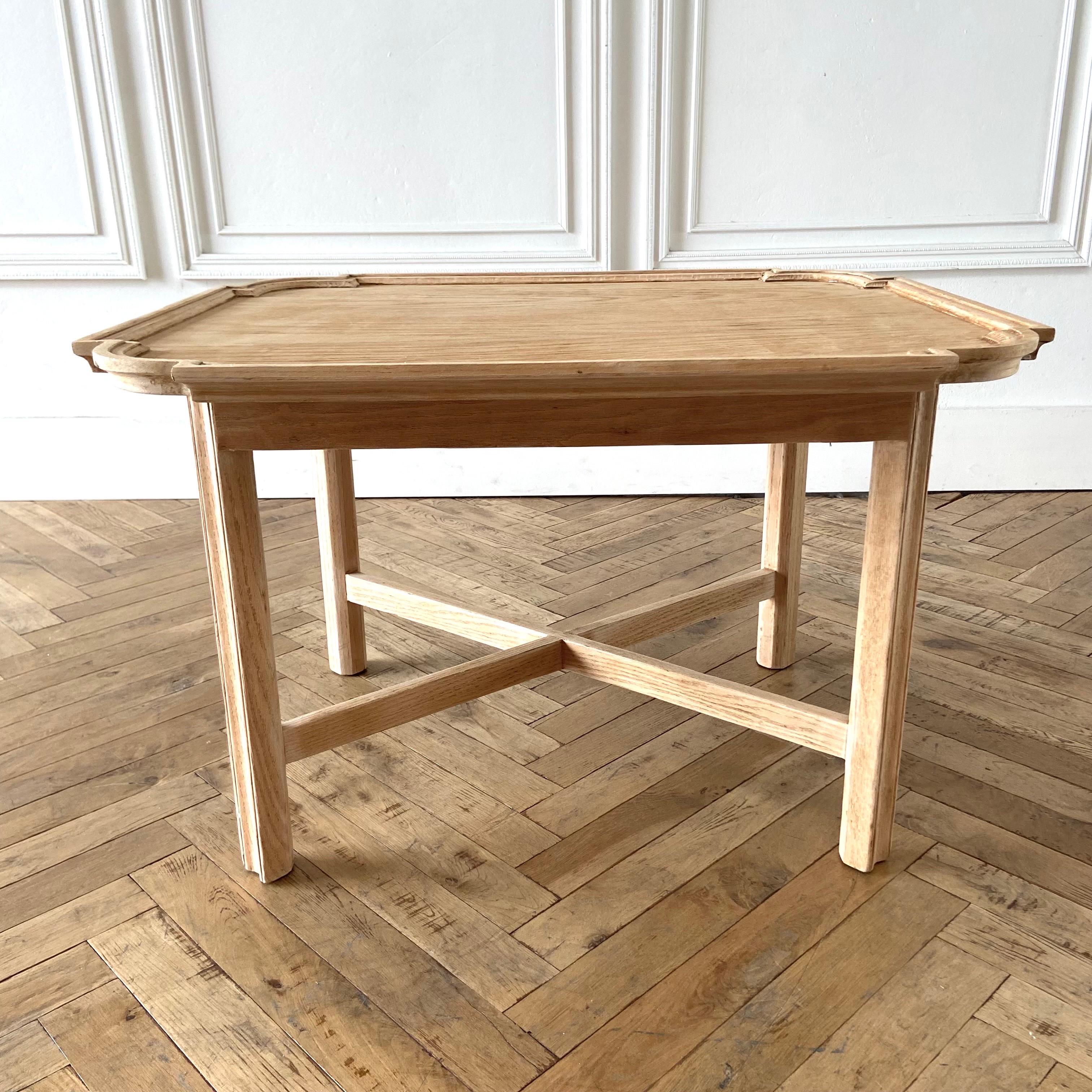 Vintage Oak side table in natural raw sand blasted, bleached finish.
Solid sturdy, ready for everyday use as a side table or use both as a coffee table. 
 Please see other listing for mate.
Oak side table 36”w x 30”d x 23”h.
