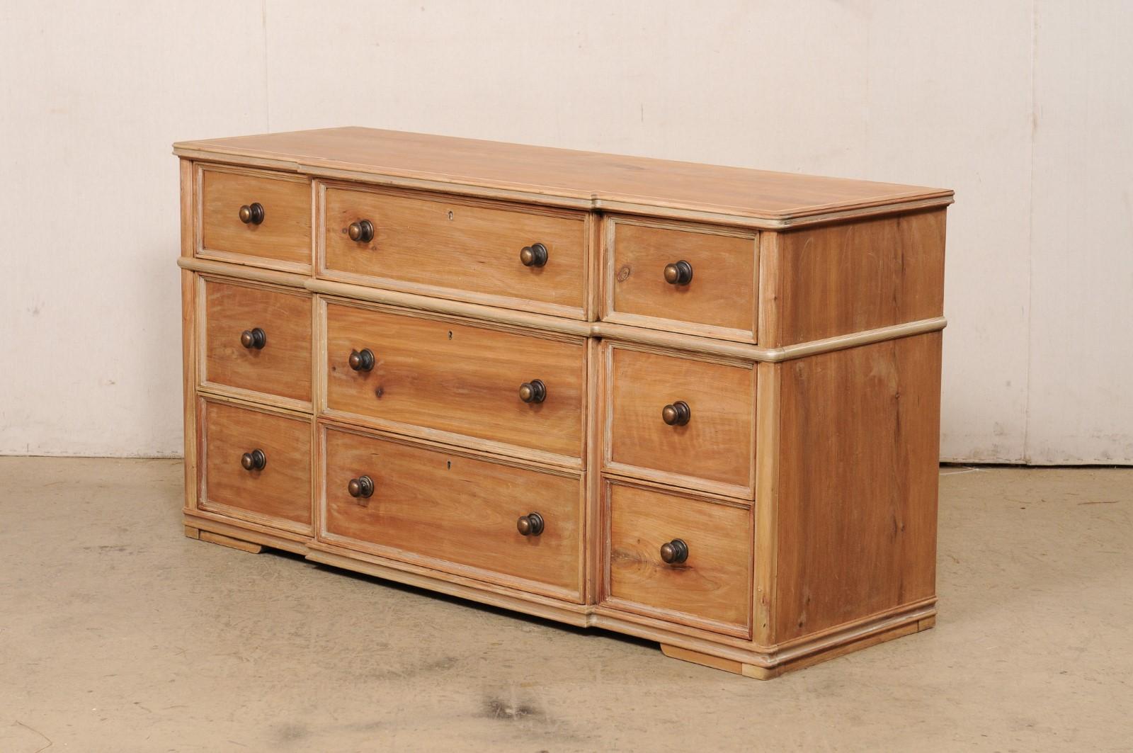 Vintage Bleached Wood Chest of Nine Drawers w/Shallow Break-Front Design 3