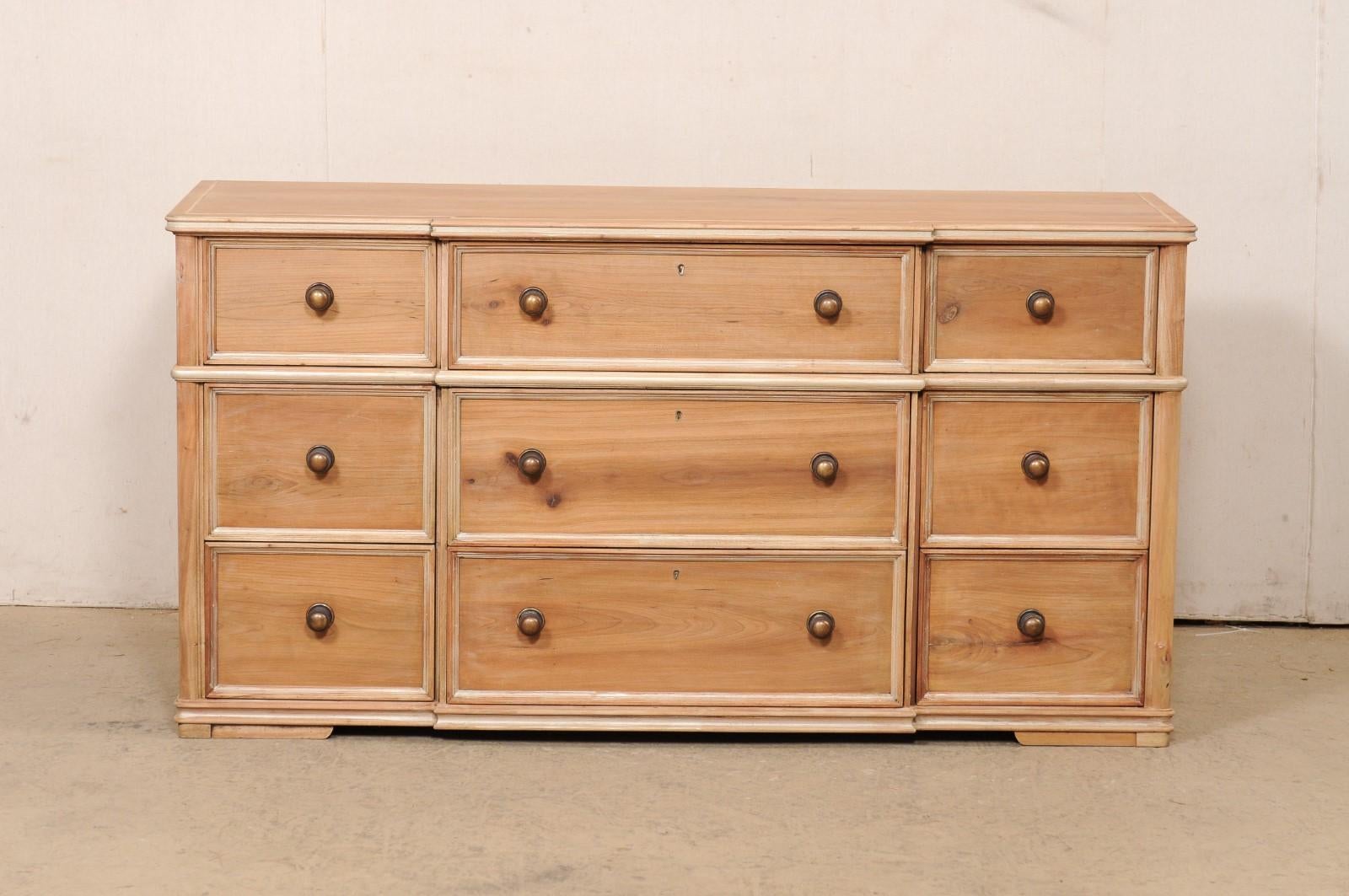 Vintage Bleached Wood Chest of Nine Drawers w/Shallow Break-Front Design 4