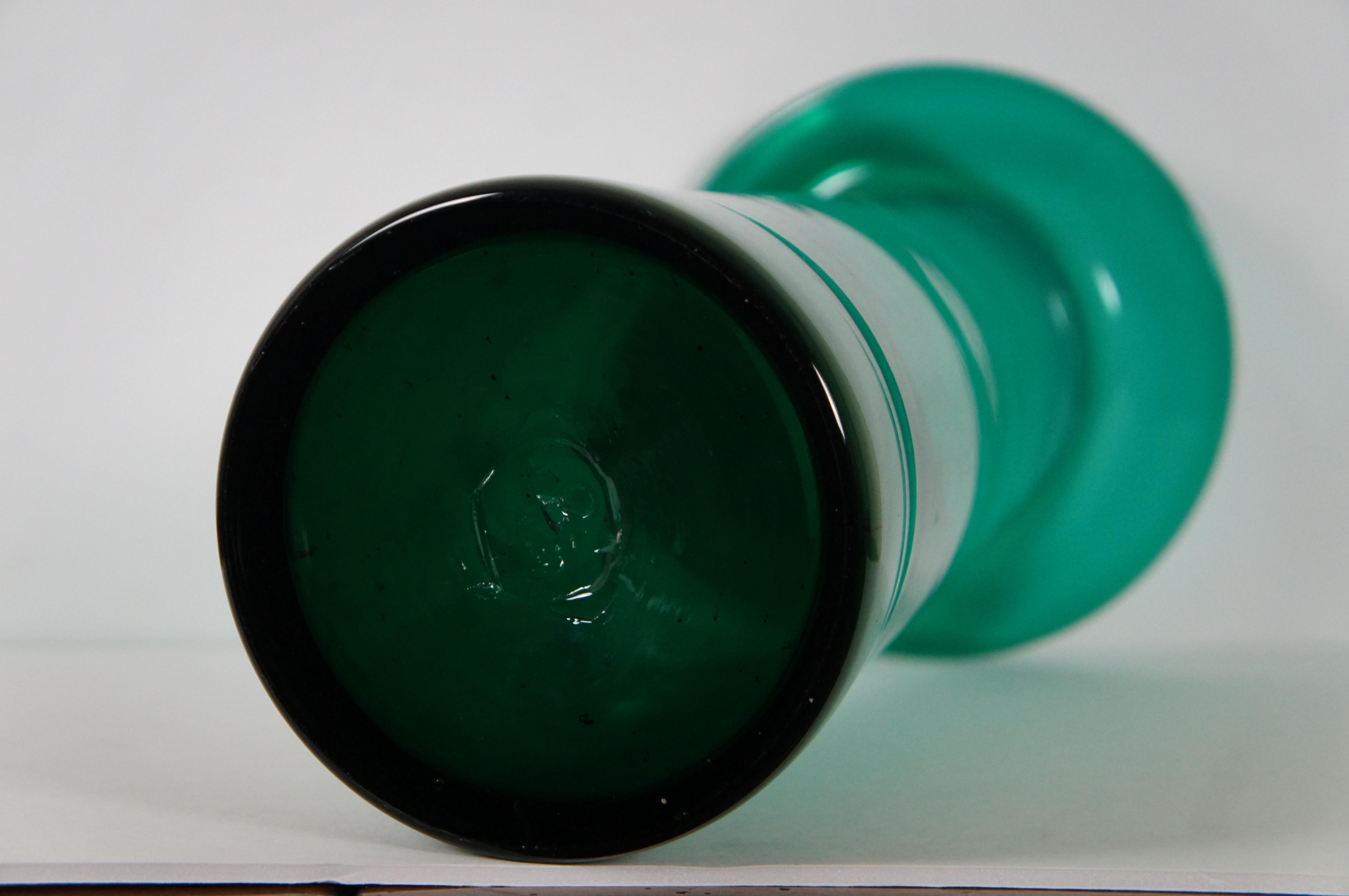 Mid-Century Modern Vintage Blenko Emerald Green Teal Hand Blown Art Glass Cylindrical Vase 20” For Sale