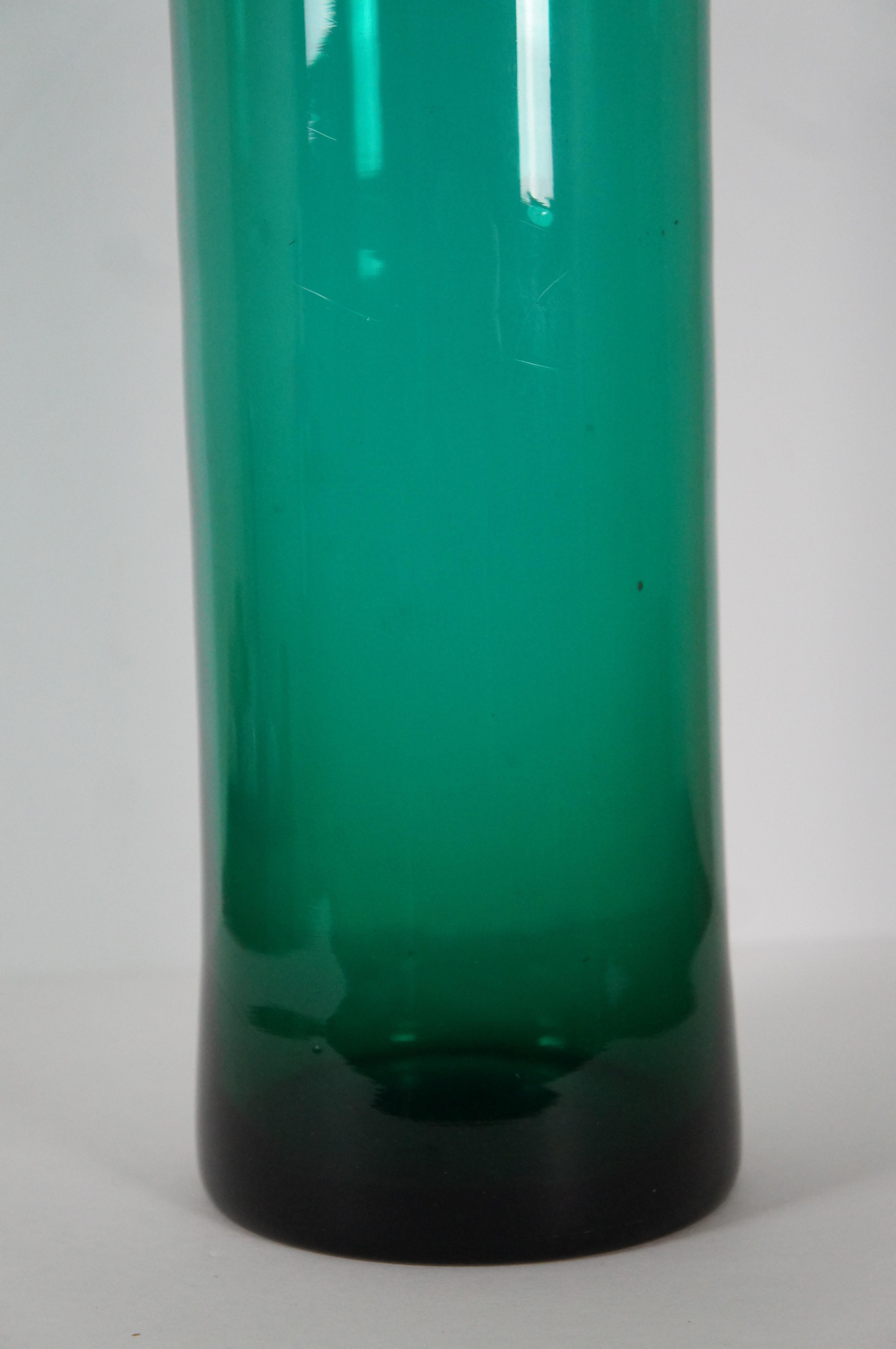 Blown Glass Vintage Blenko Emerald Green Teal Hand Blown Art Glass Cylindrical Vase 20” For Sale