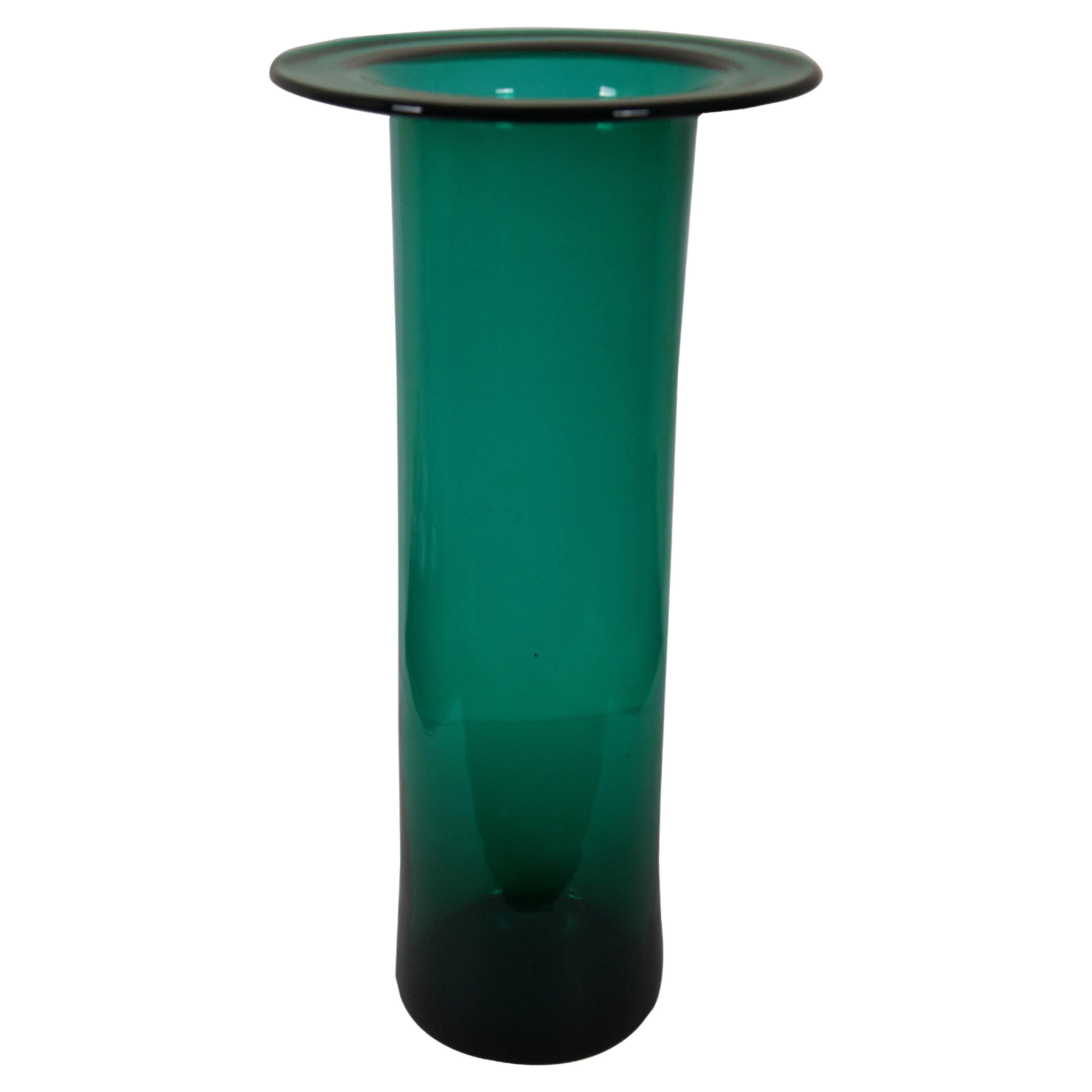 Vintage Blenko Emerald Green Teal Hand Blown Art Glass Cylindrical Vase 20” For Sale