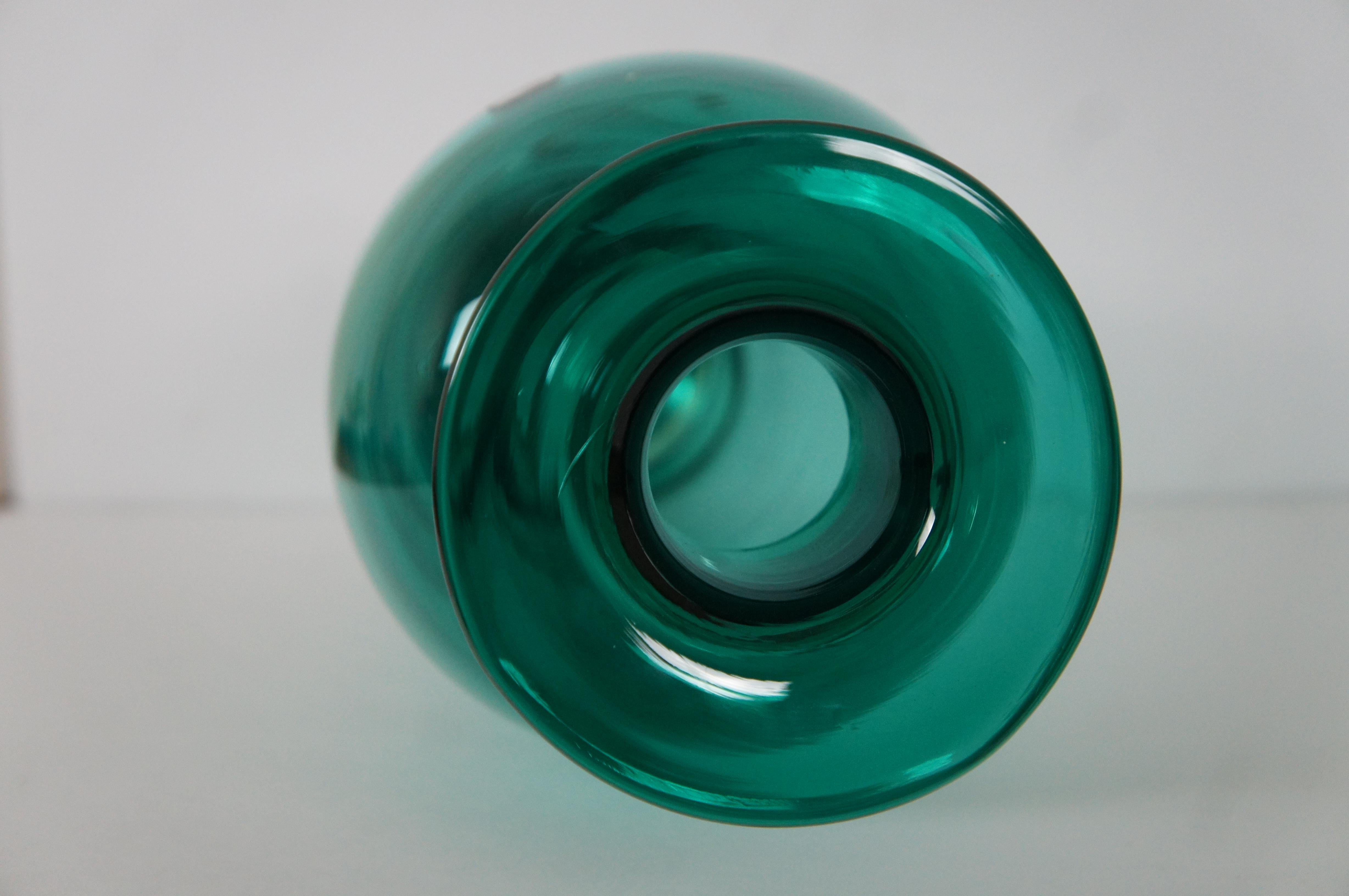 Mid-Century Modern Vintage Blenko Emerald Green Teal Hand Blown Art Glass Vase 19”