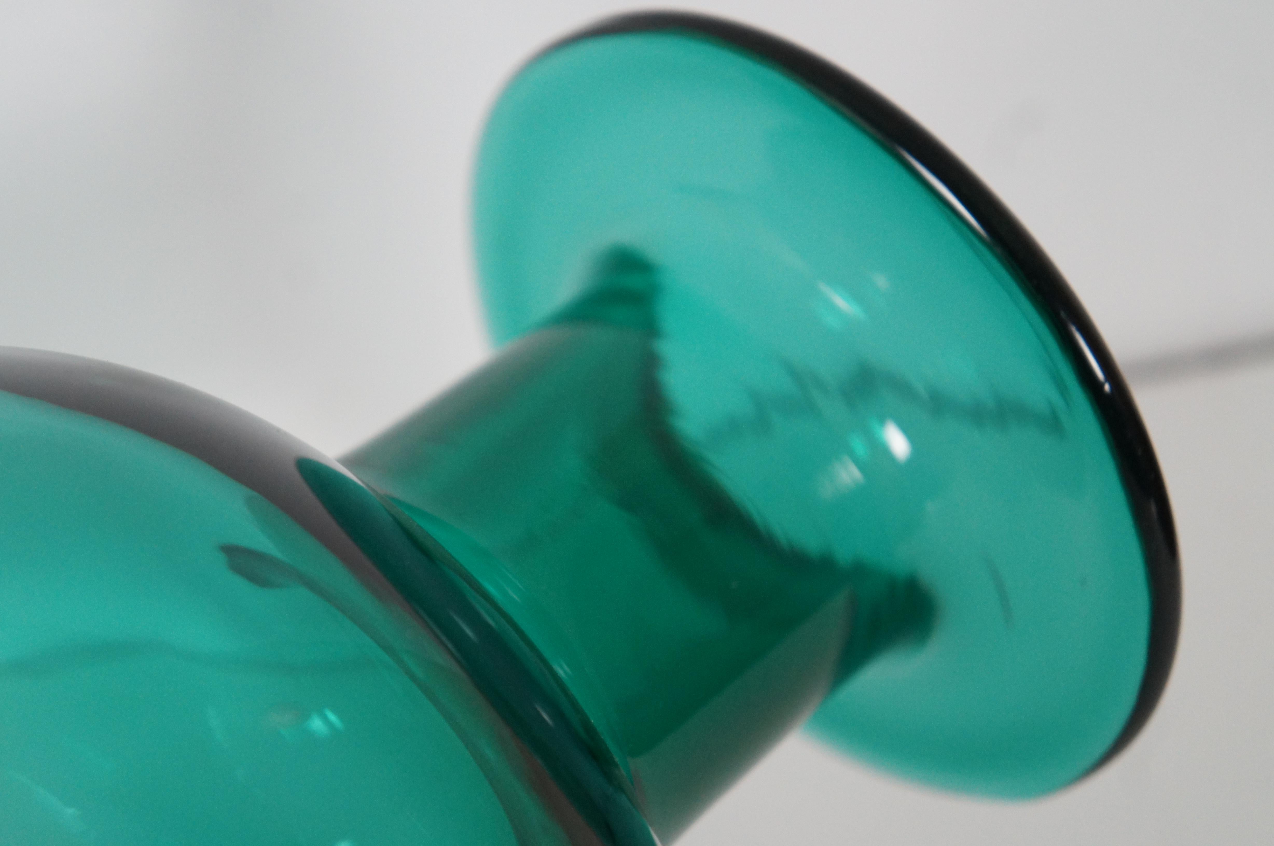 Blown Glass Vintage Blenko Emerald Green Teal Hand Blown Art Glass Vase 19”
