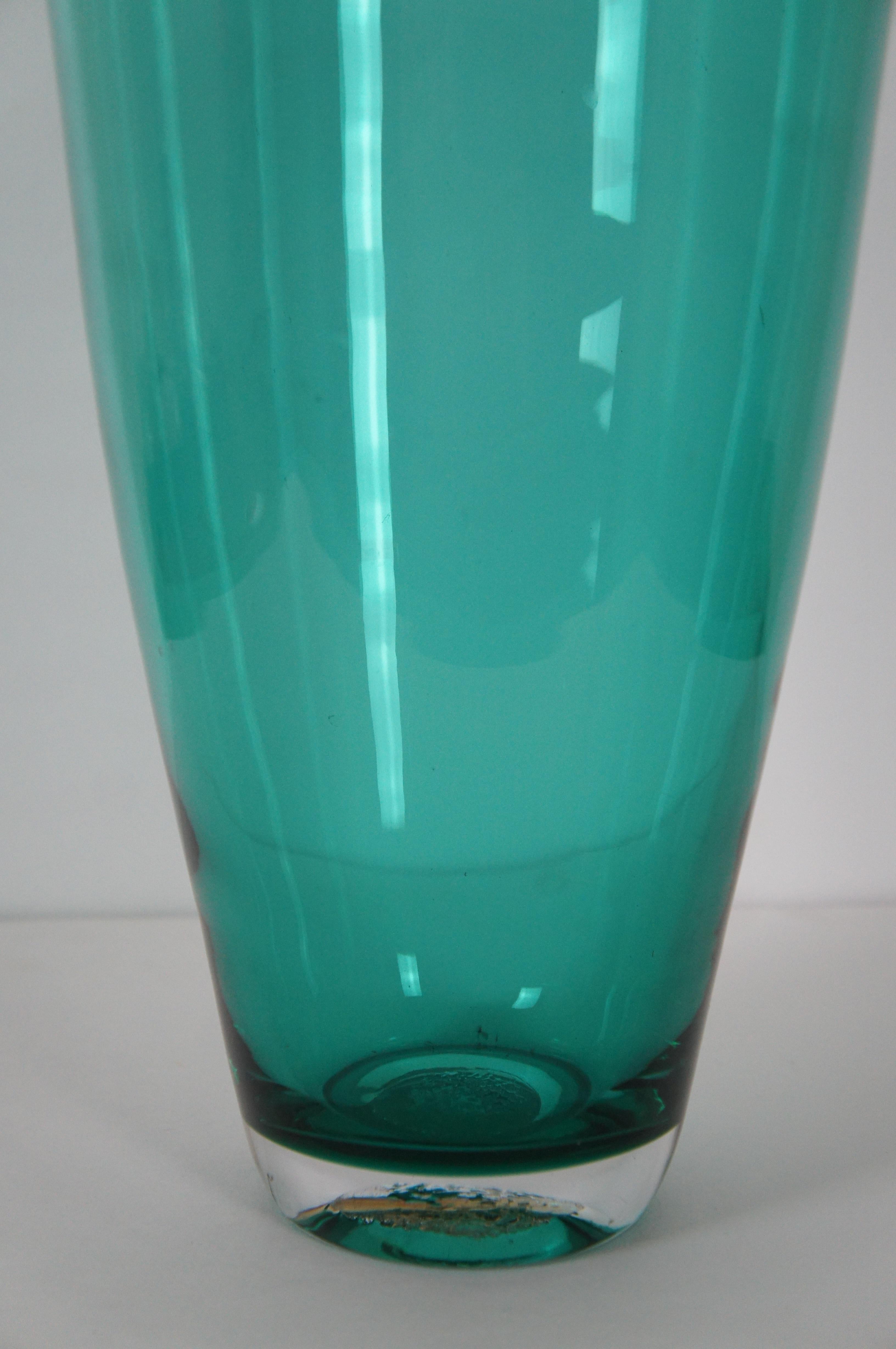 Vintage Blenko Emerald Green Teal Hand Blown Art Glass Vase 19” 2