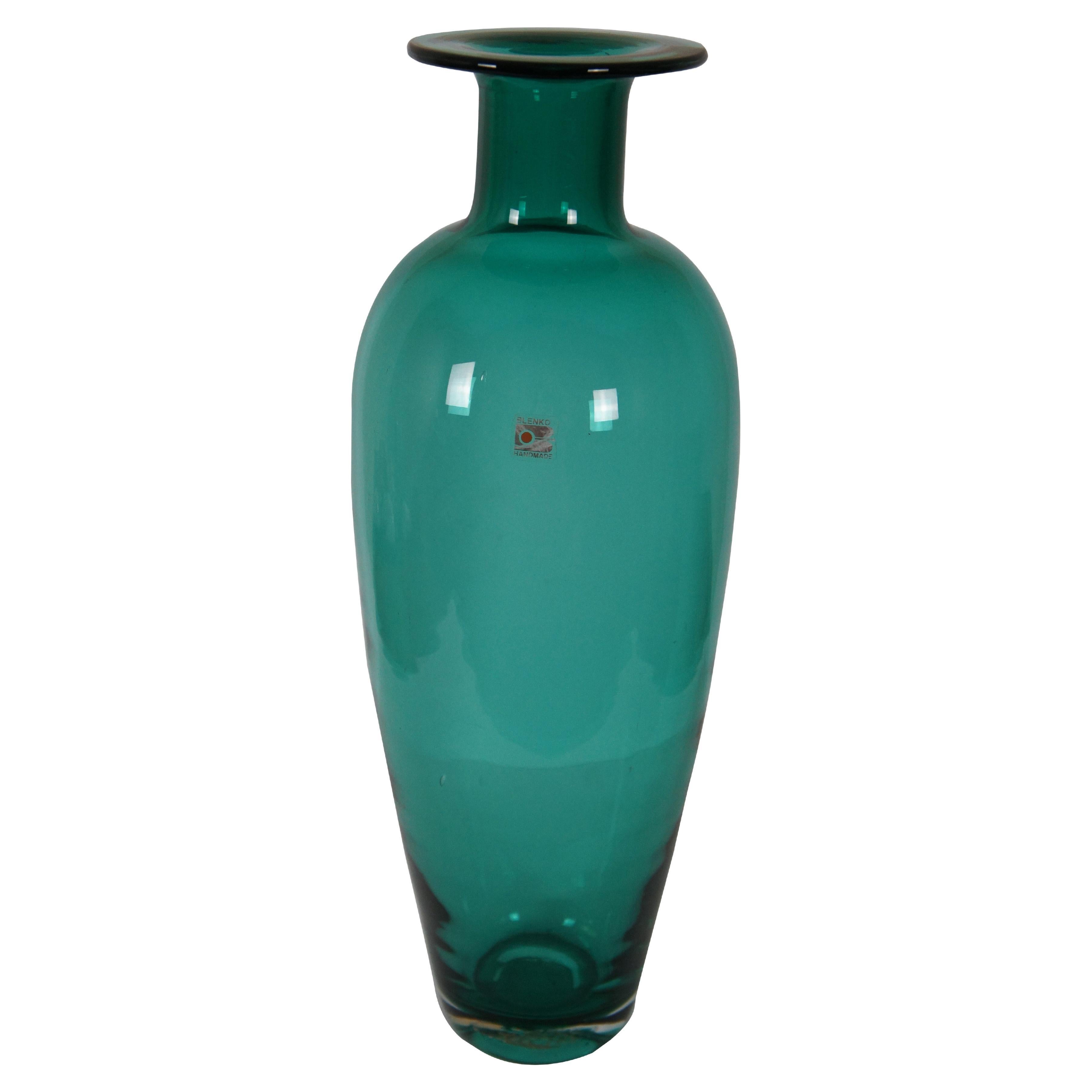 Vintage Blenko Emerald Green Teal Hand Blown Art Glass Vase 19”