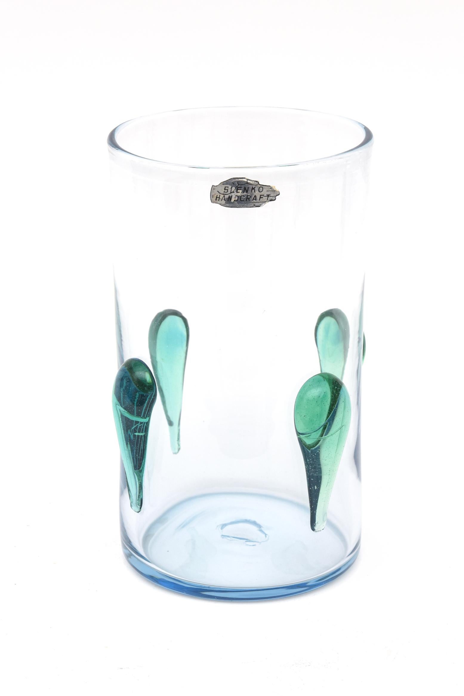 Vintage Blenko Glass Vase With Applied Dimensional Sea Green Blue Teardrops For Sale 1