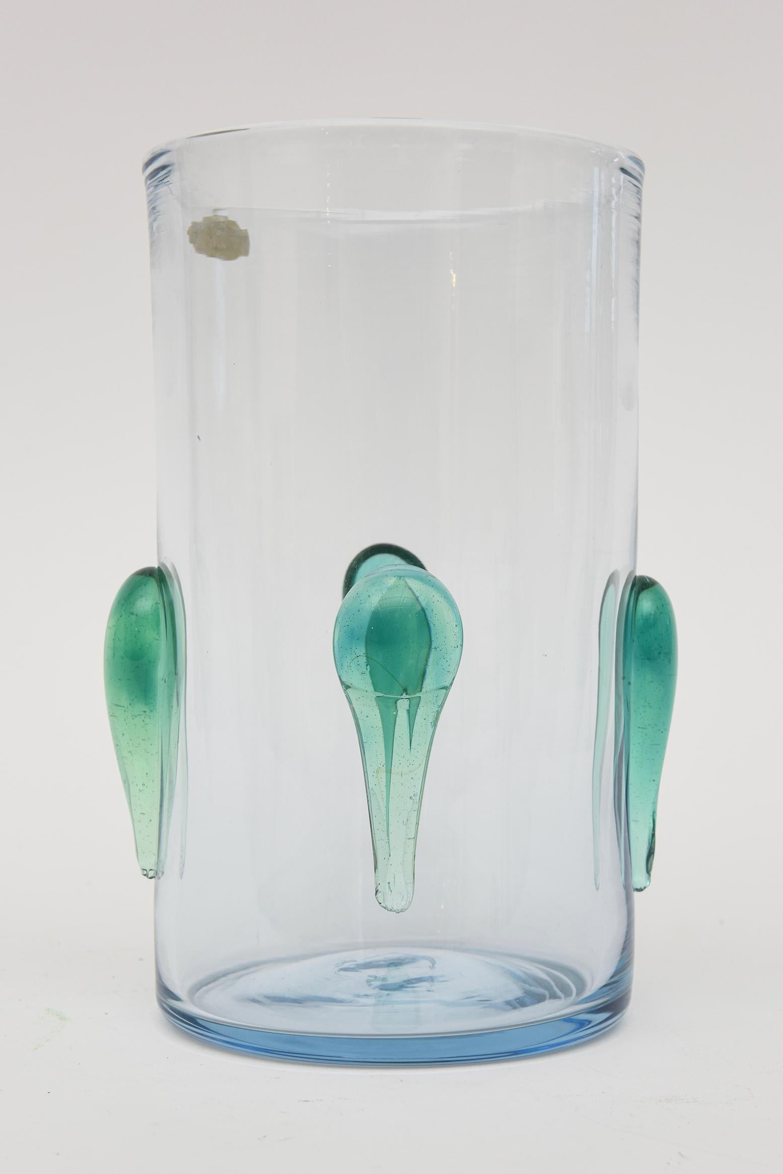 Mid-Century Modern Vintage Blenko Glass Vase With Applied Dimensional Sea Green Blue Teardrops For Sale