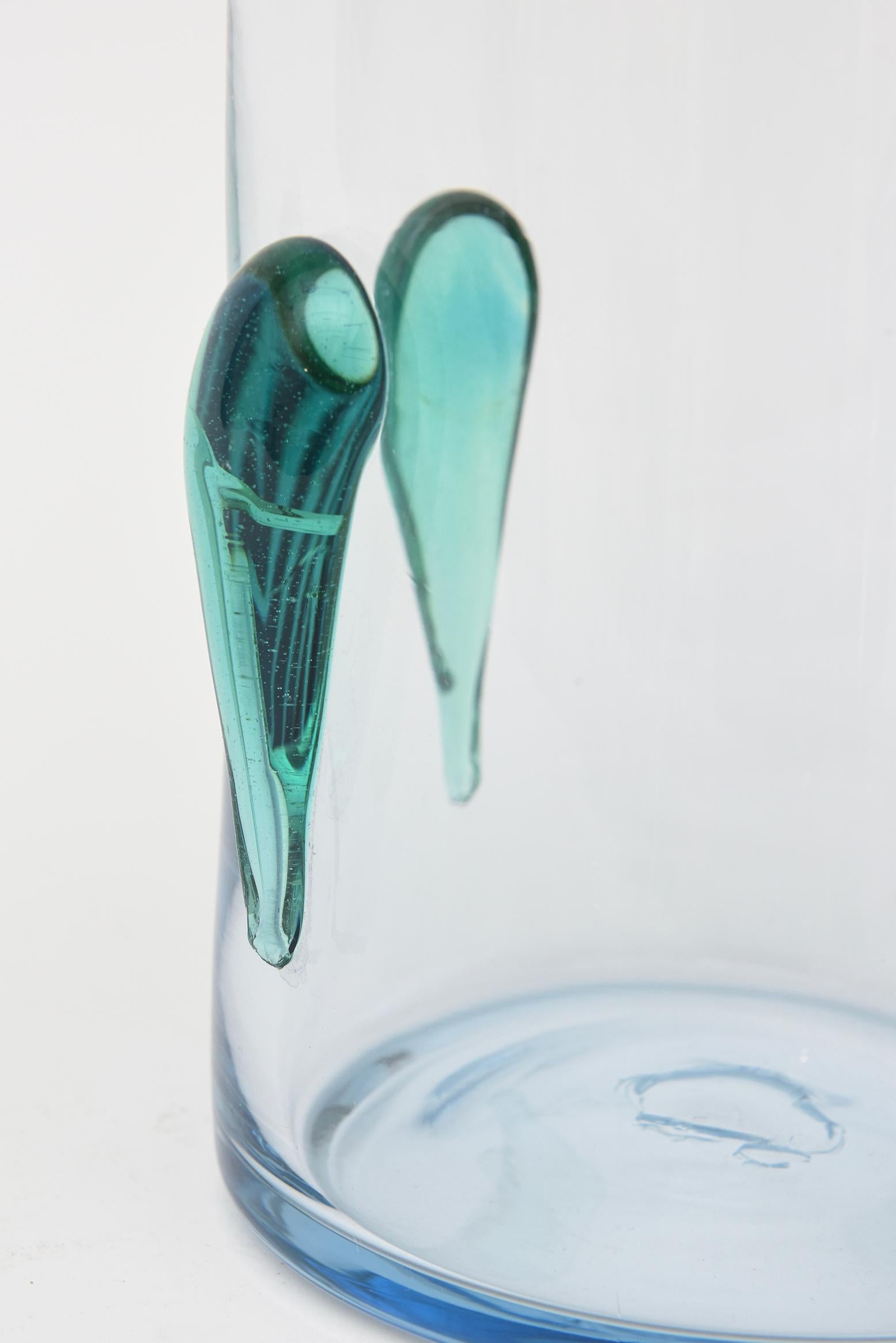 American Vintage Blenko Glass Vase With Applied Dimensional Sea Green Blue Teardrops For Sale