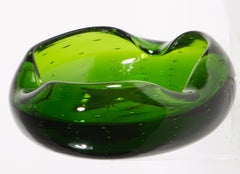 Vintage Blenko Green Glass Ashtray Catchall Bowl, UV Glass Accent