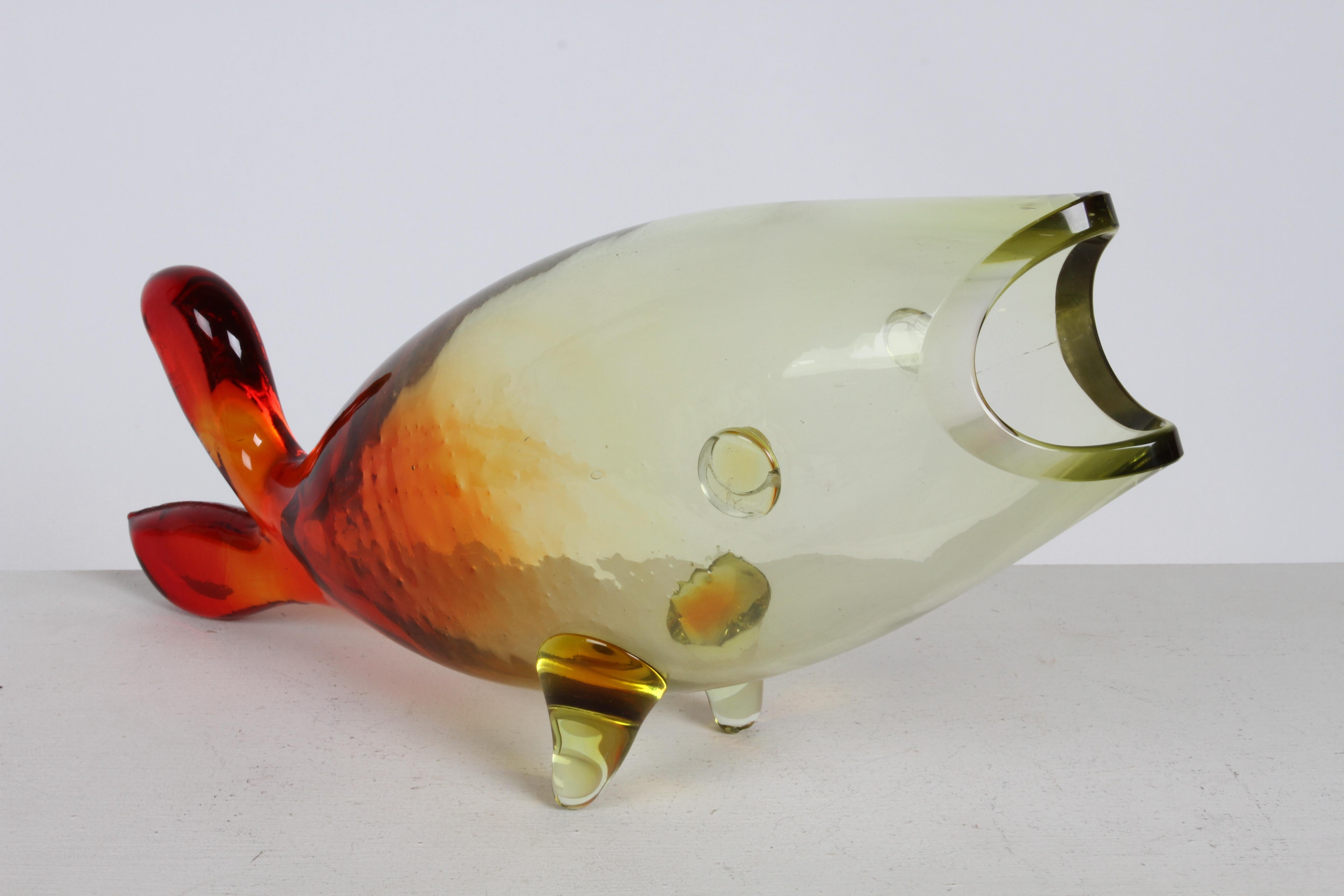 Vintage Blenko Hand Blown Glass Yellow-Red Fish Sculpture by Winslow Anderson For Sale 3