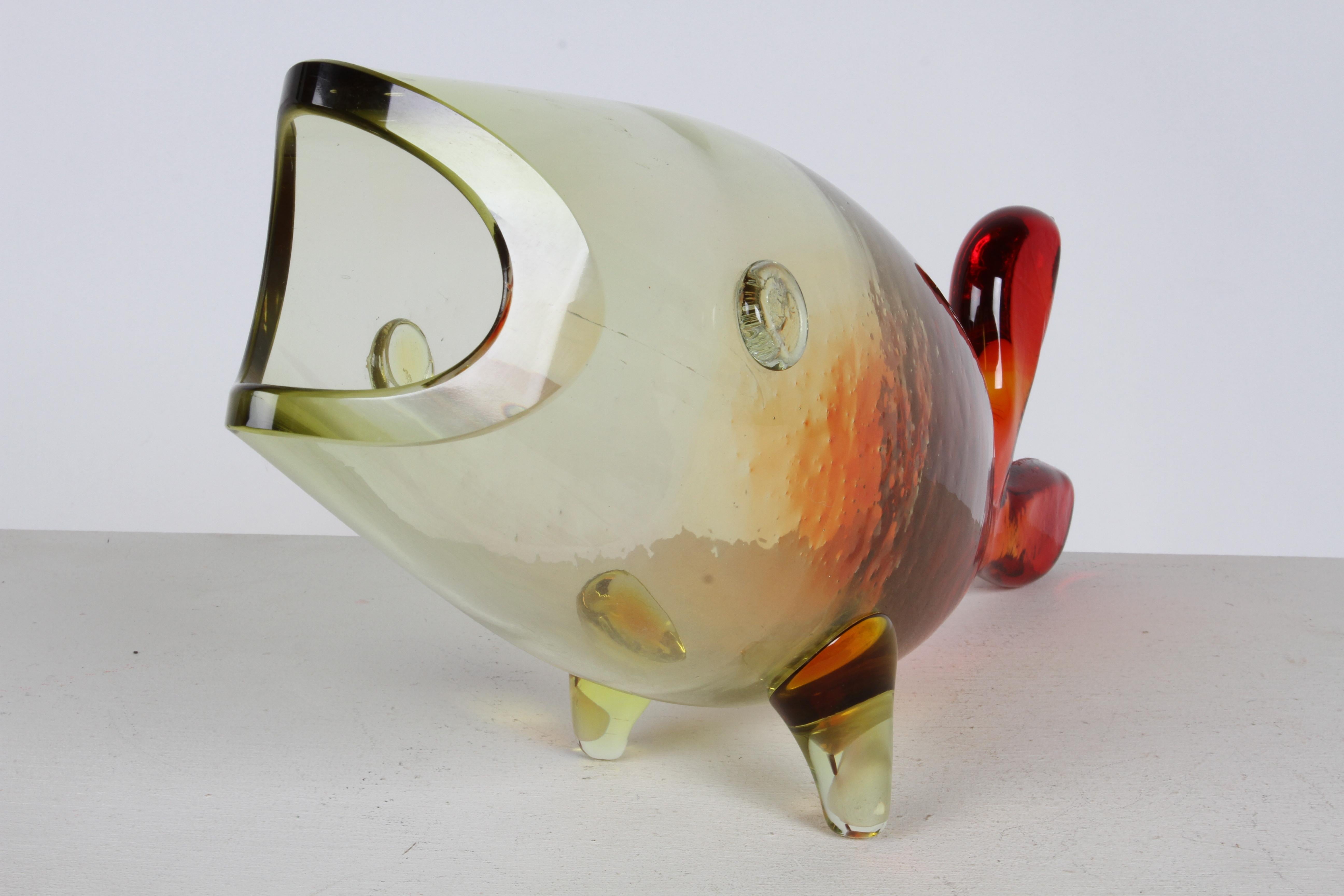 Vintage Blenko Hand Blown Glass Yellow-Red Fish Sculpture by Winslow Anderson For Sale 7