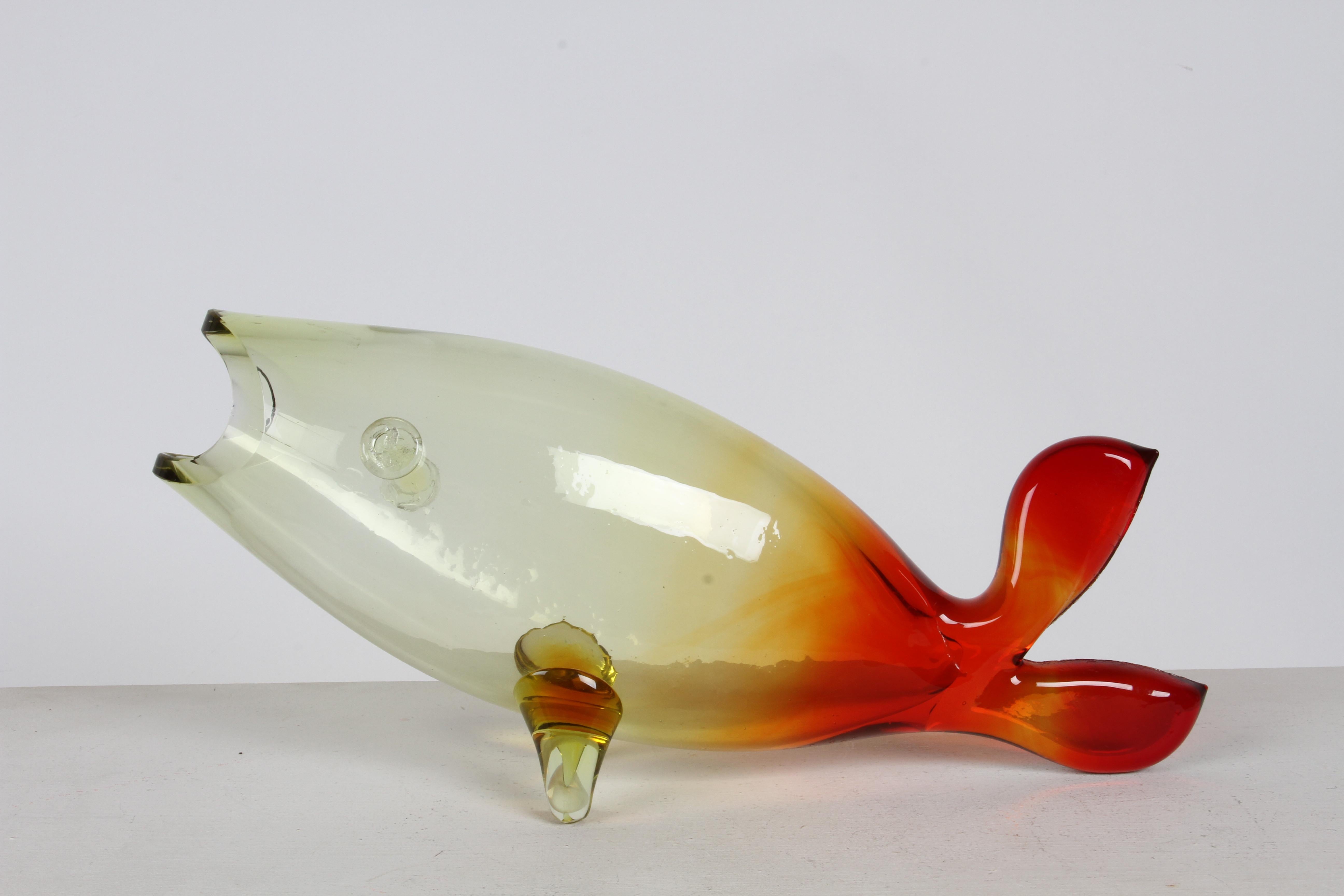 Vintage Blenko Hand Blown Glass Yellow-Red Fish Sculpture by Winslow Anderson For Sale 9