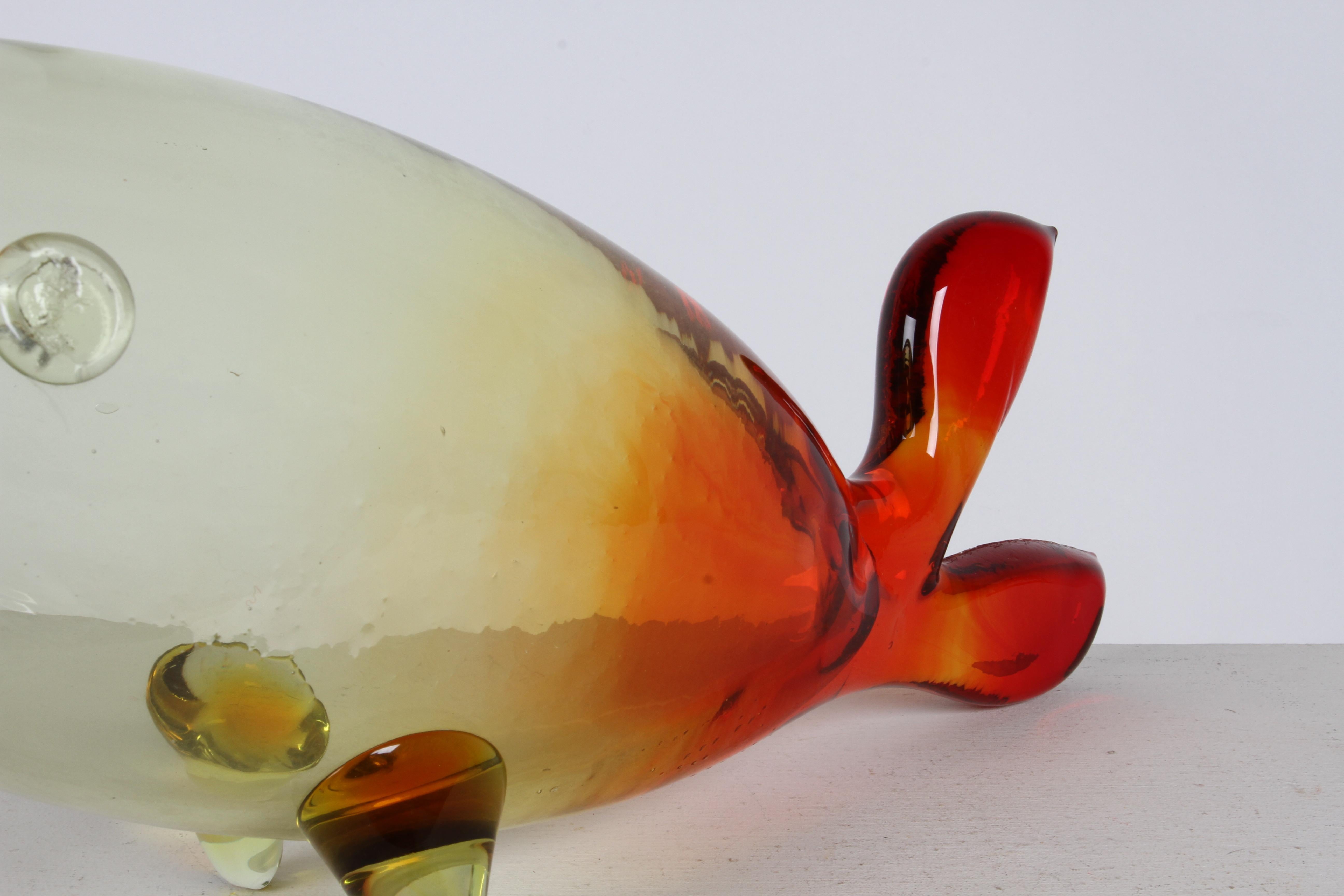Mid-Century Modern Vintage Blenko Hand Blown Glass Yellow-Red Fish Sculpture by Winslow Anderson For Sale
