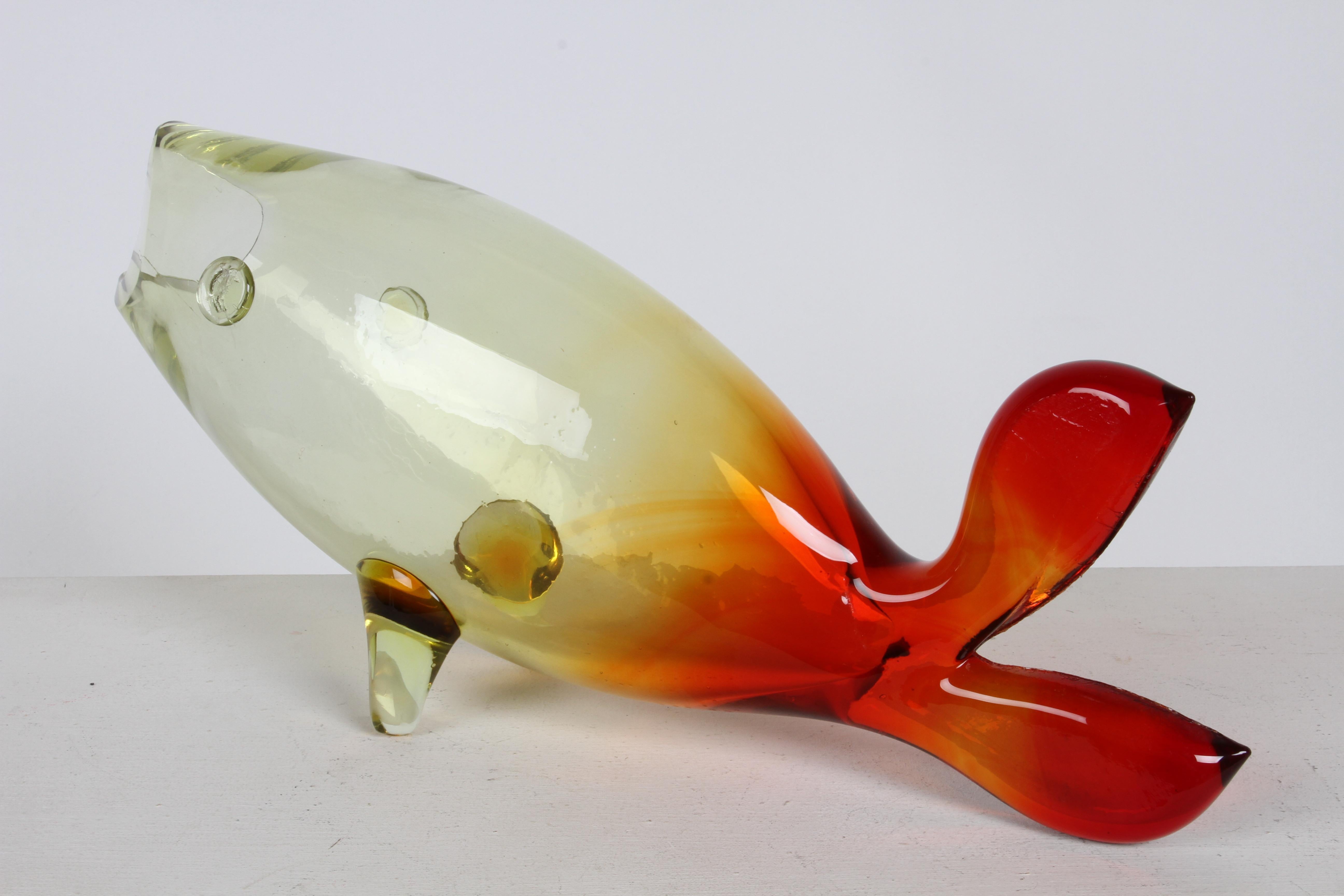 Late 20th Century Vintage Blenko Hand Blown Glass Yellow-Red Fish Sculpture by Winslow Anderson For Sale