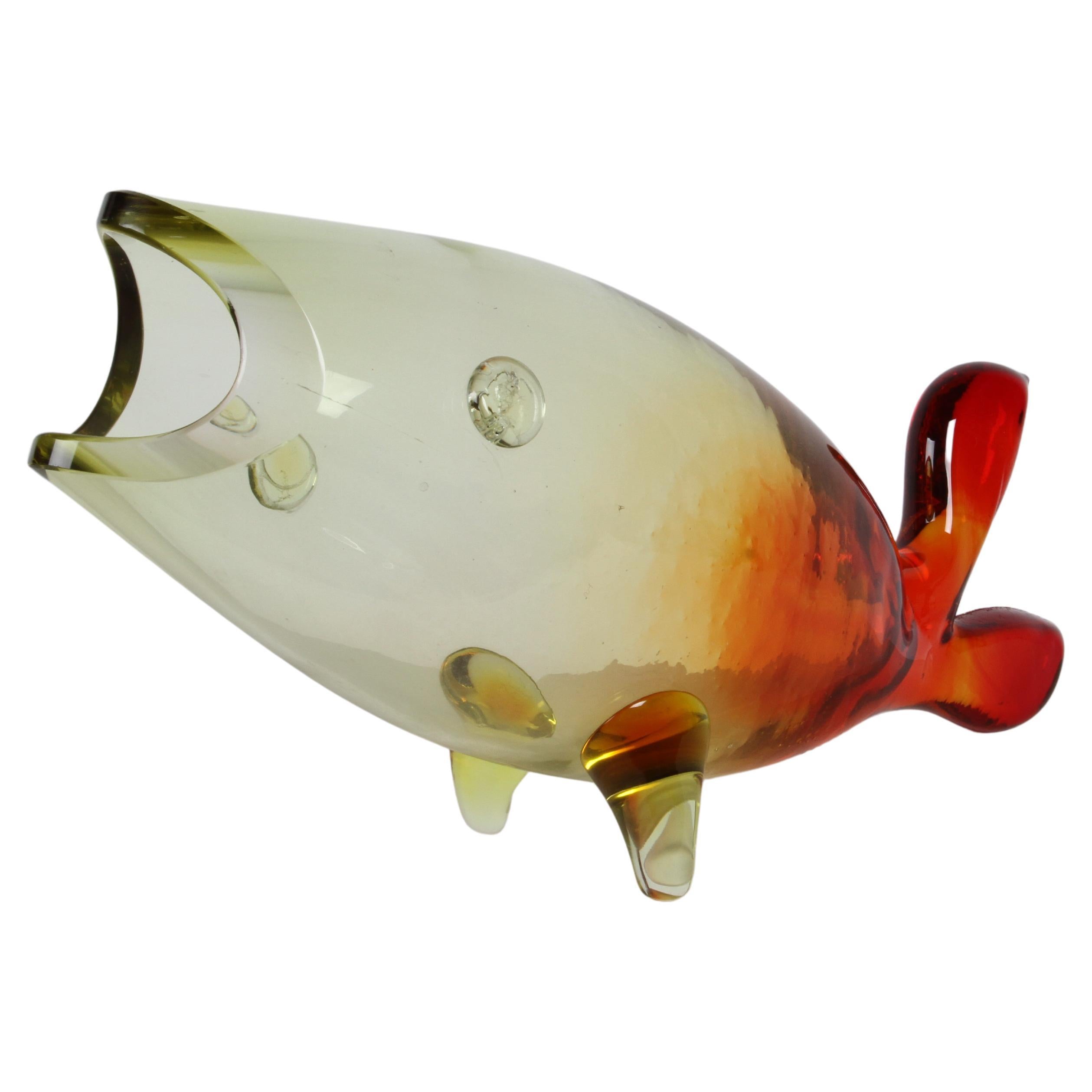 Vintage Blenko Hand Blown Glass Yellow-Red Fish Sculpture by Winslow Anderson For Sale