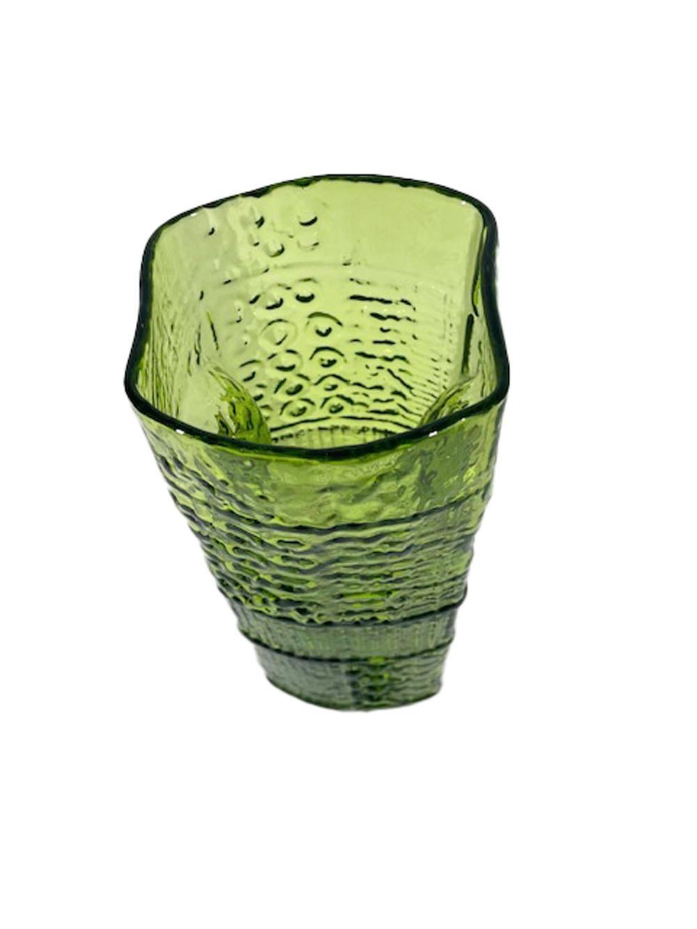 Mid-Century Modern Vintage Blenko Vase in Green Glass with Overall Raised Molded Designs For Sale