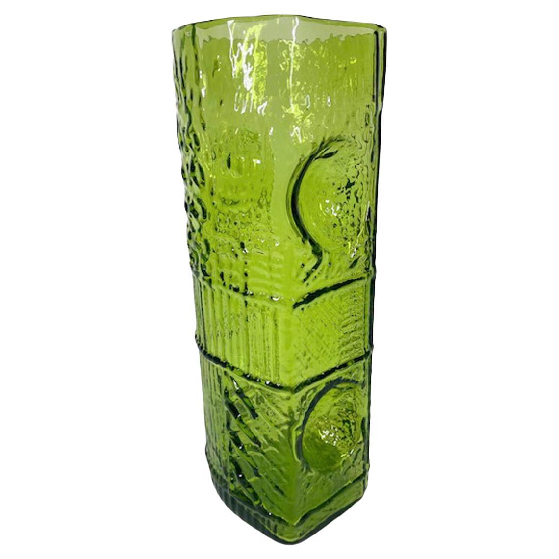 Vintage Blenko Vase in Green Glass with Overall Raised Molded Designs For Sale