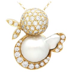 Collier vintage en or jaune 14 carats, perles et diamants de 1,23 carat