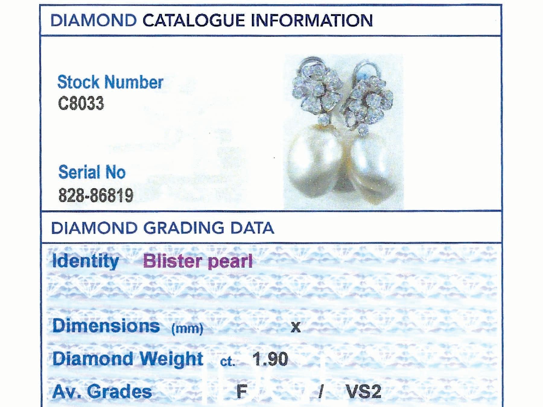Vintage Blister Pearl and 1.90 Carat Diamond Platinum Drop Earrings For Sale 4