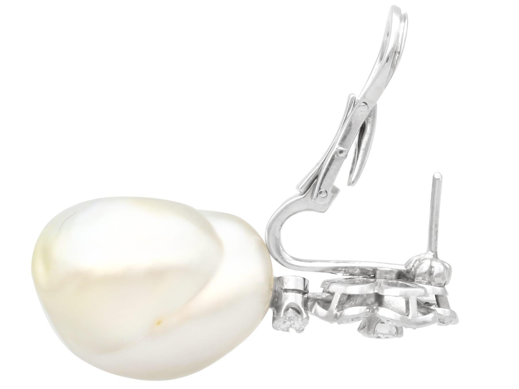 Vintage Blister Pearl and 1.90 Carat Diamond Platinum Drop Earrings For Sale 1
