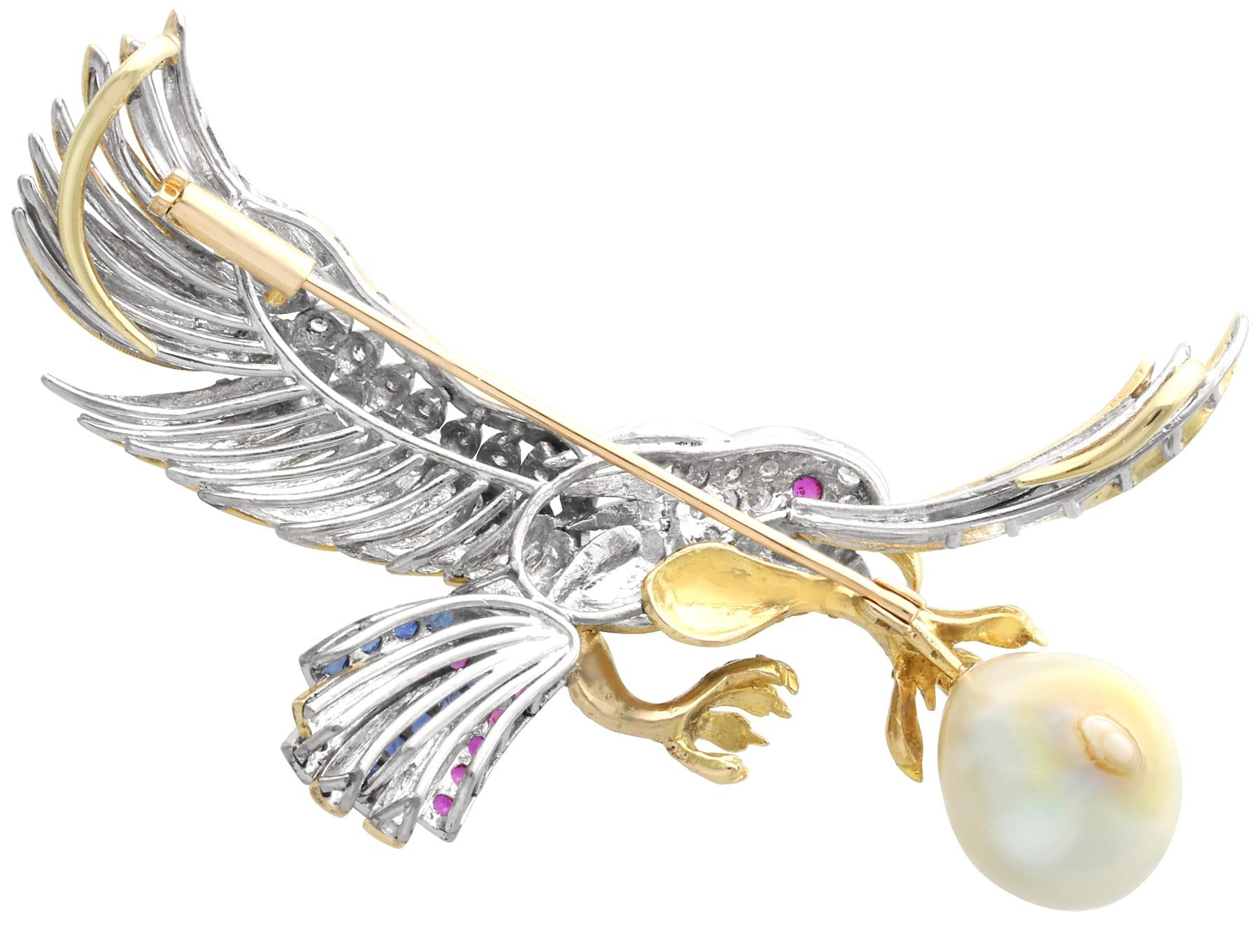 Vintage Blister Pearl Sapphire Ruby Diamond Yellow Gold Eagle Brooch Circa 1950 For Sale 1