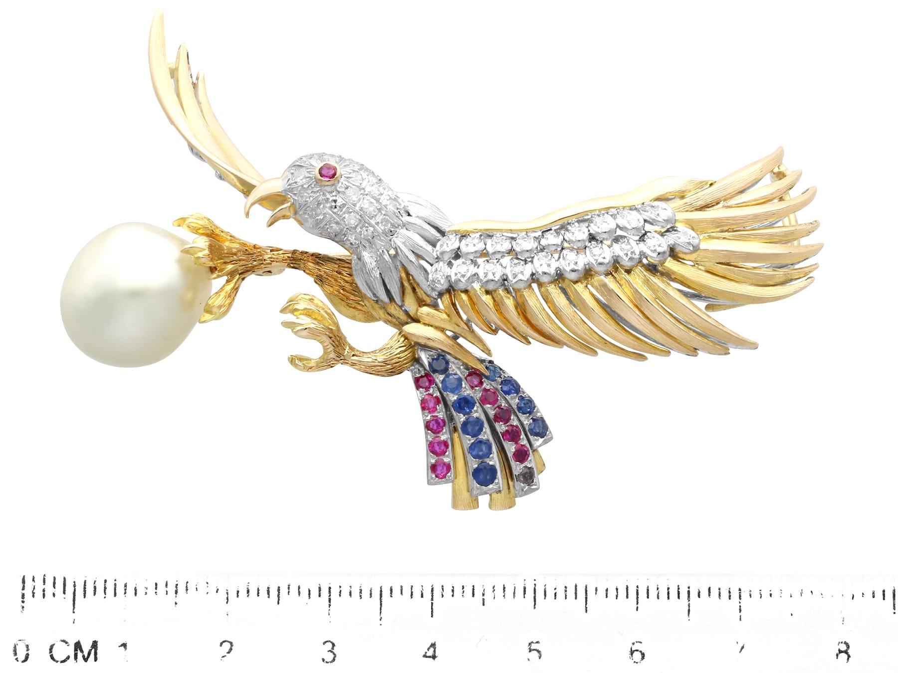 Vintage Blister Pearl Sapphire Ruby Diamond Yellow Gold Eagle Brooch Circa 1950 For Sale 3