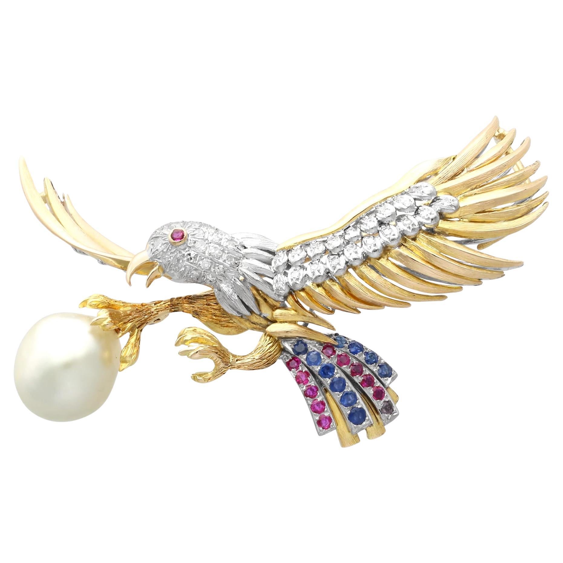 Vintage Blister Pearl Sapphire Ruby Diamond Yellow Gold Eagle Brooch Circa 1950 For Sale