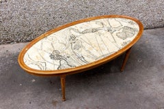 Vintage Blonde Wood Ovular Coffee Table with Map of Belgium Top Detail
