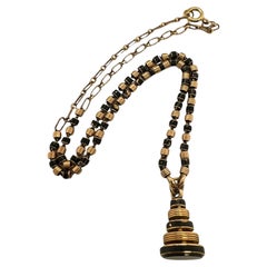 Vintage Blood Stone Fob Black Enamel Necklace