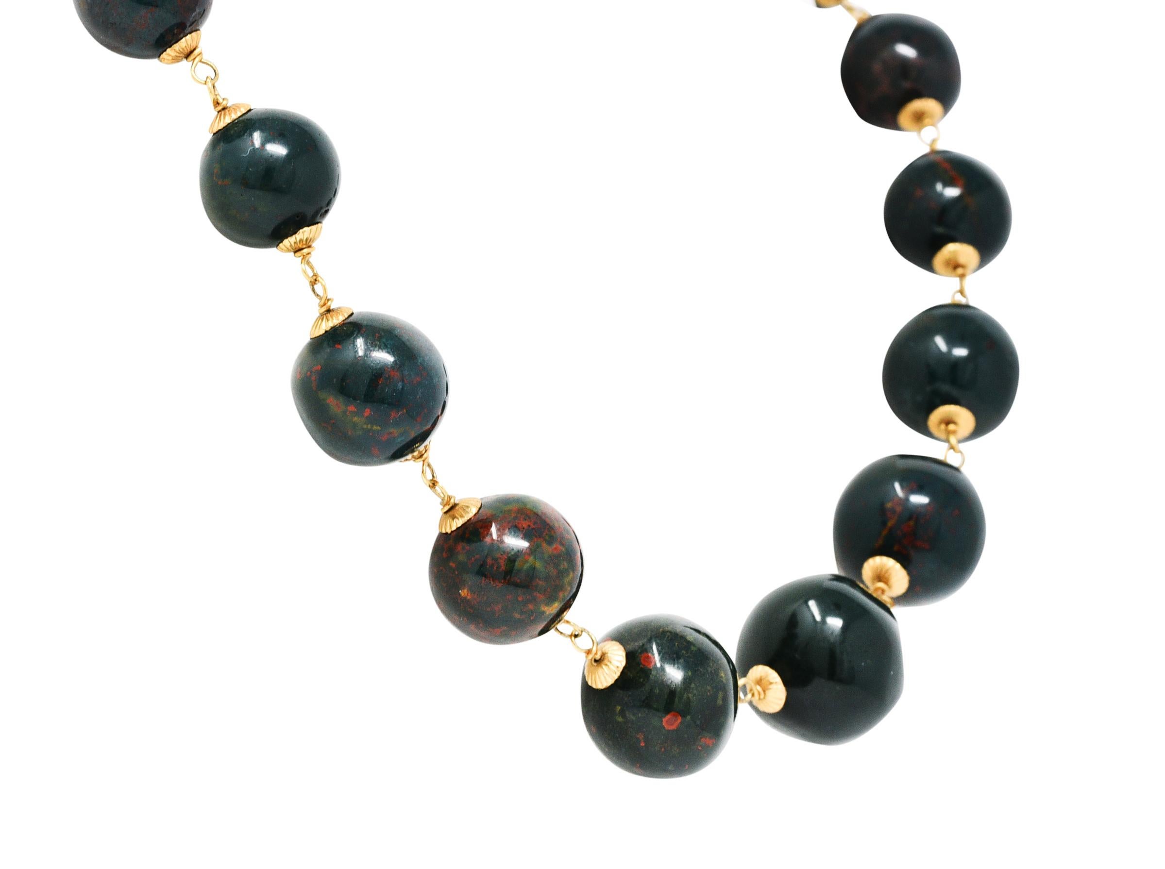 Modernist Vintage Bloodstone 14 Karat Gold Beaded Strand Necklace